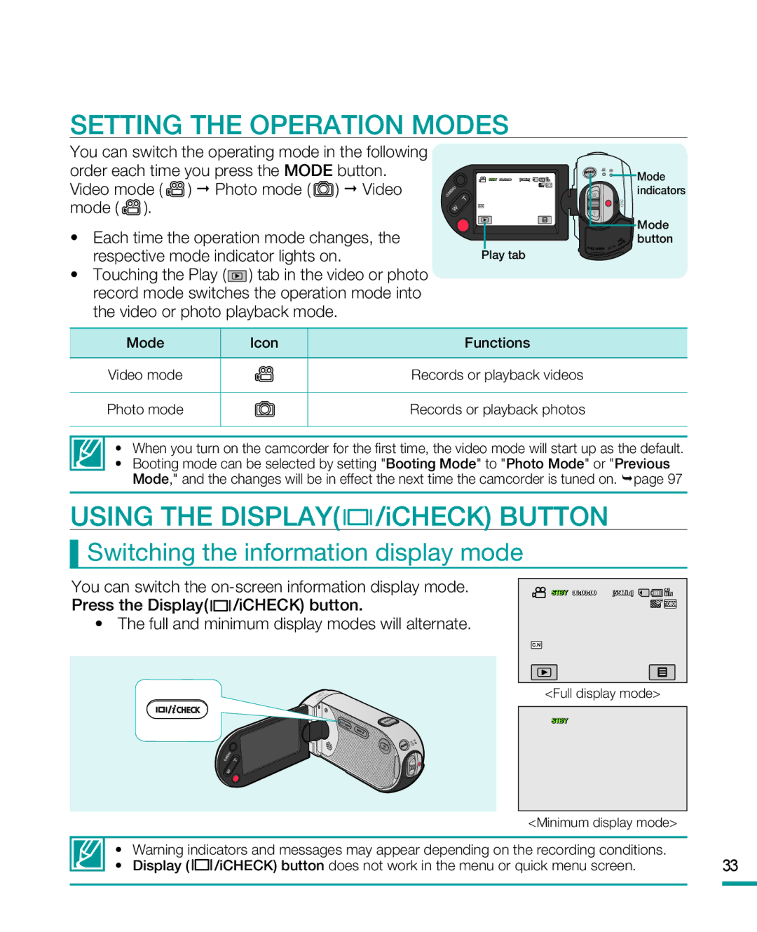 Samsung HMX-R10SP Setting the Operation Modes, Using the Display /iCHECK Button, Switching the information display mode 