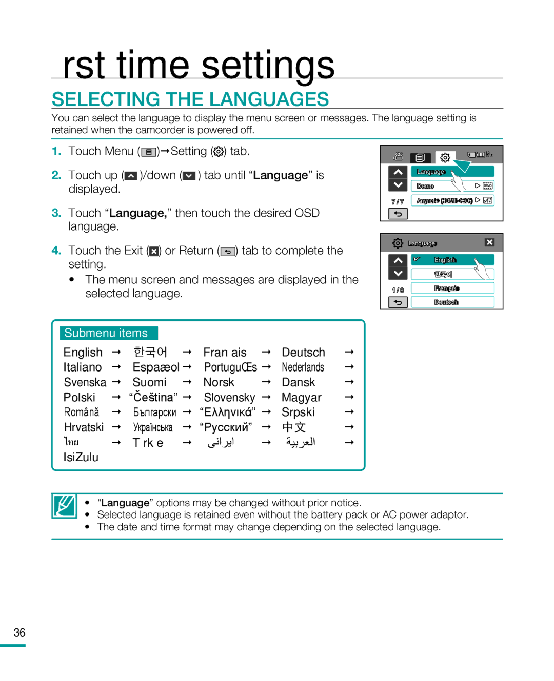 Samsung HMX-R10BP, HMX-R10SP user manual Selecting the Languages, Svenska Suomi  Norsk  Dansk Polski,  Türkçe  IsiZulu 