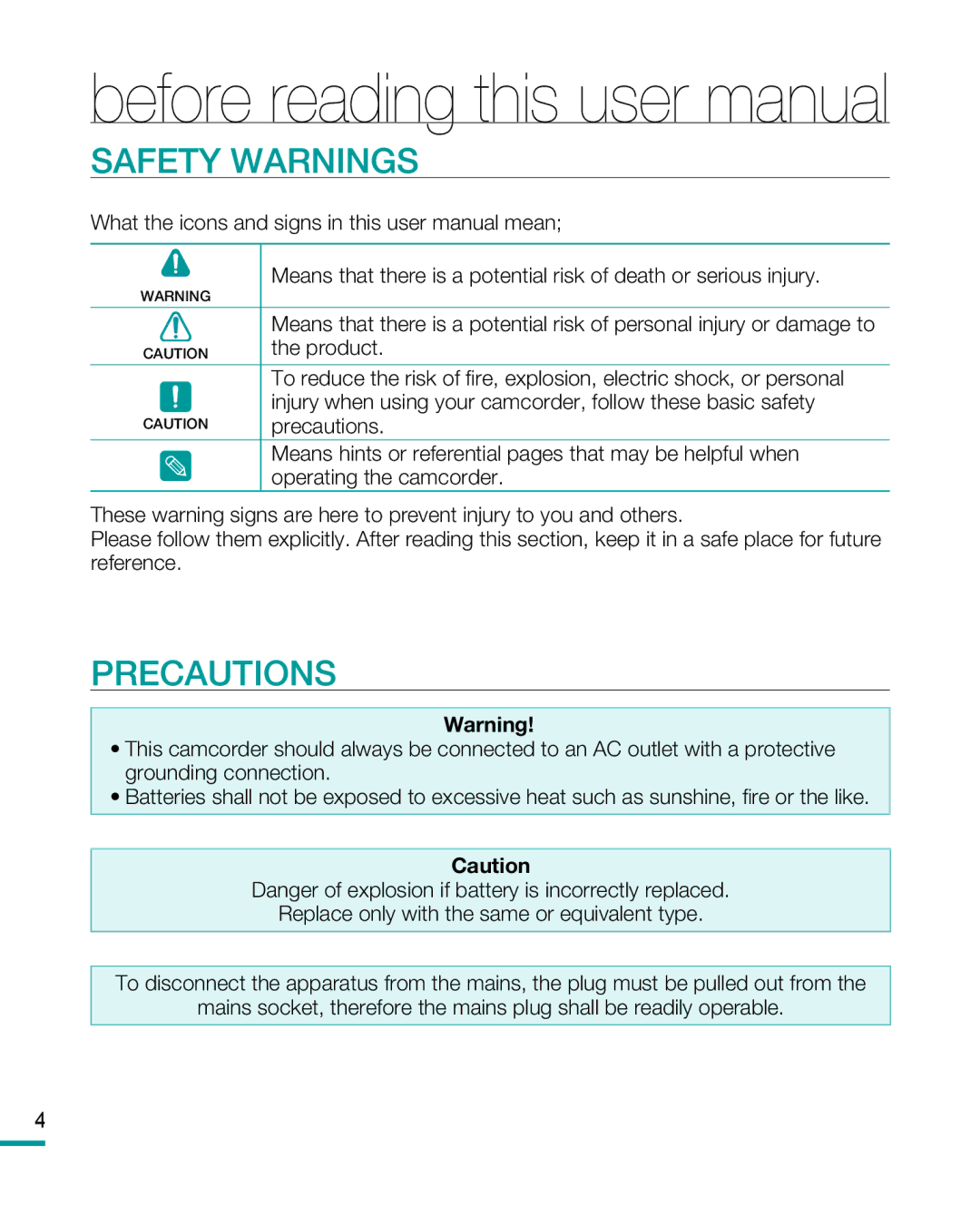 Samsung HMX-R10BP, HMX-R10SP user manual Safety Warnings, Precautions 