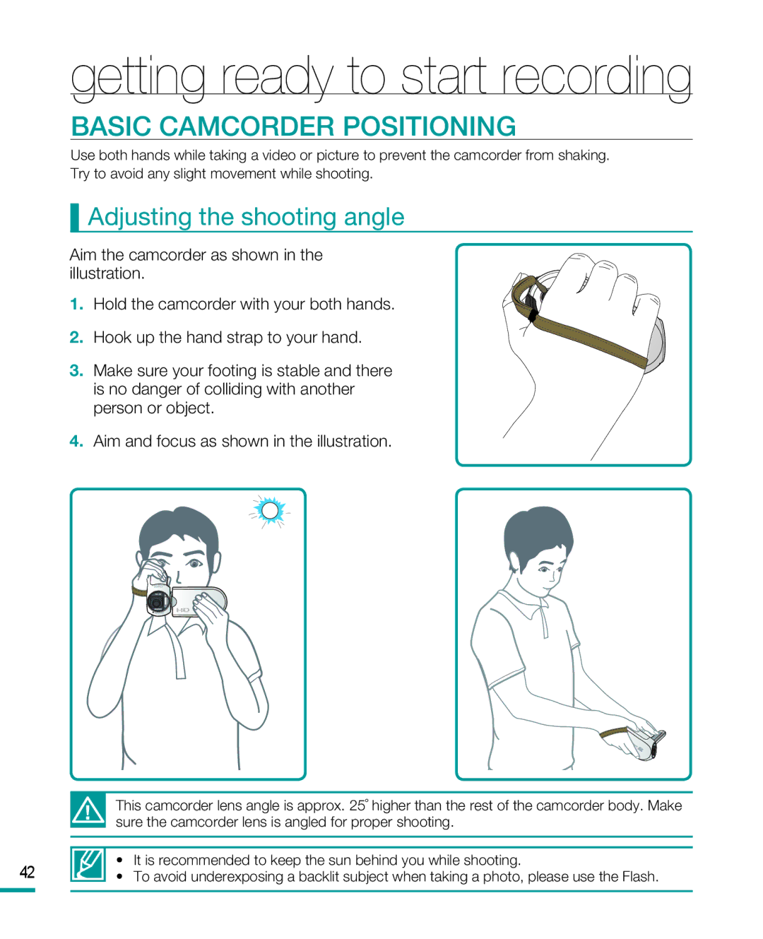 Samsung HMX-R10BP, HMX-R10SP user manual Basic Camcorder Positioning, Adjusting the shooting angle 