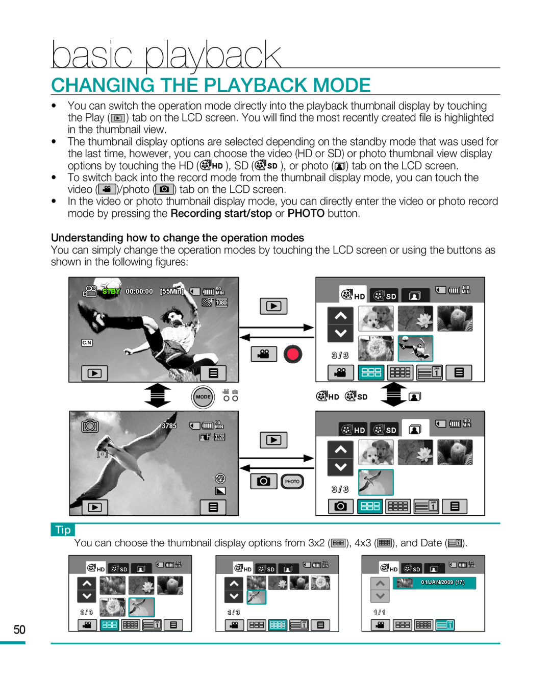 Samsung HMX-R10BP, HMX-R10SP user manual Basic playback, Changing the Playback Mode 