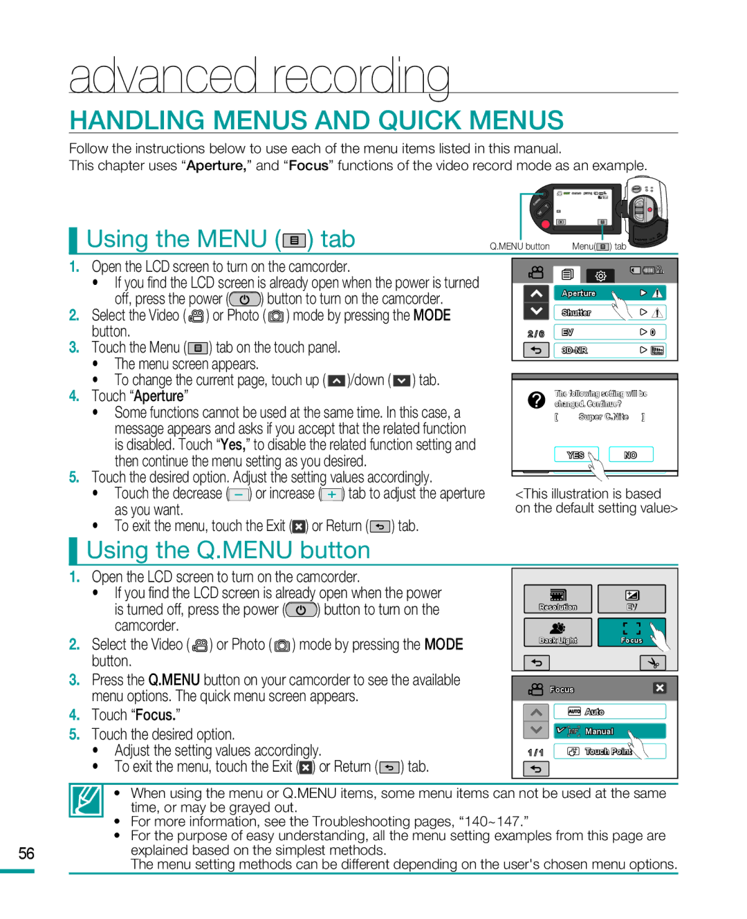 Samsung HMX-R10BP, HMX-R10SP user manual Handling Menus and Quick Menus, Using the Q.MENU button 