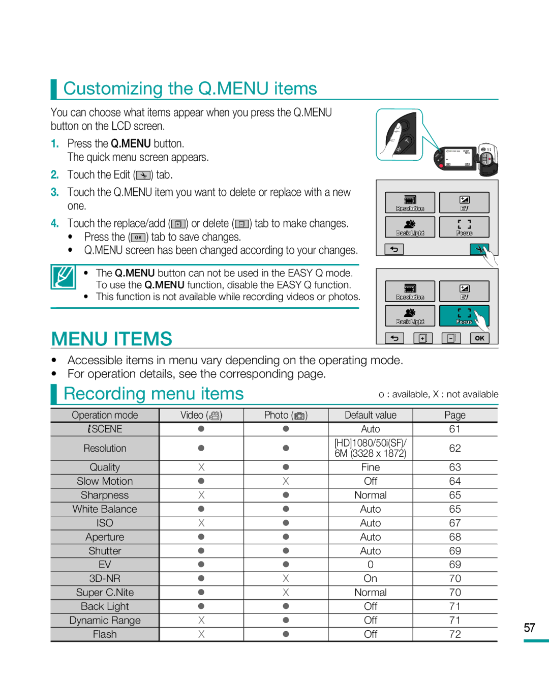 Samsung HMX-R10SP Menu Items, Customizing the Q.MENU items, Recording menu items, Press the OK tab to save changes 