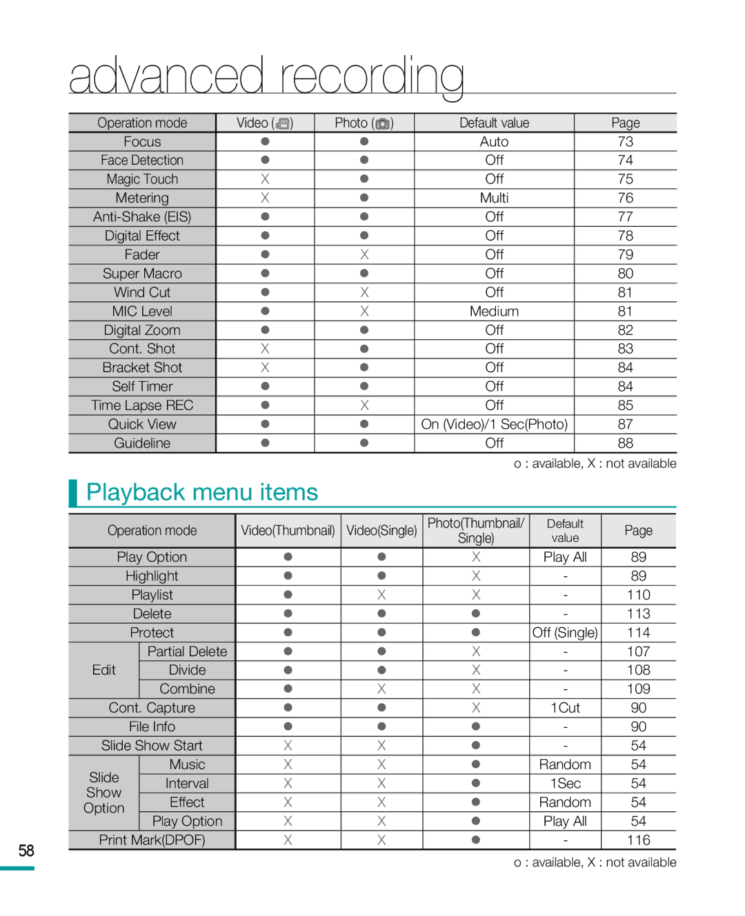 Samsung HMX-R10BP, HMX-R10SP user manual Advanced recording, Playback menu items 