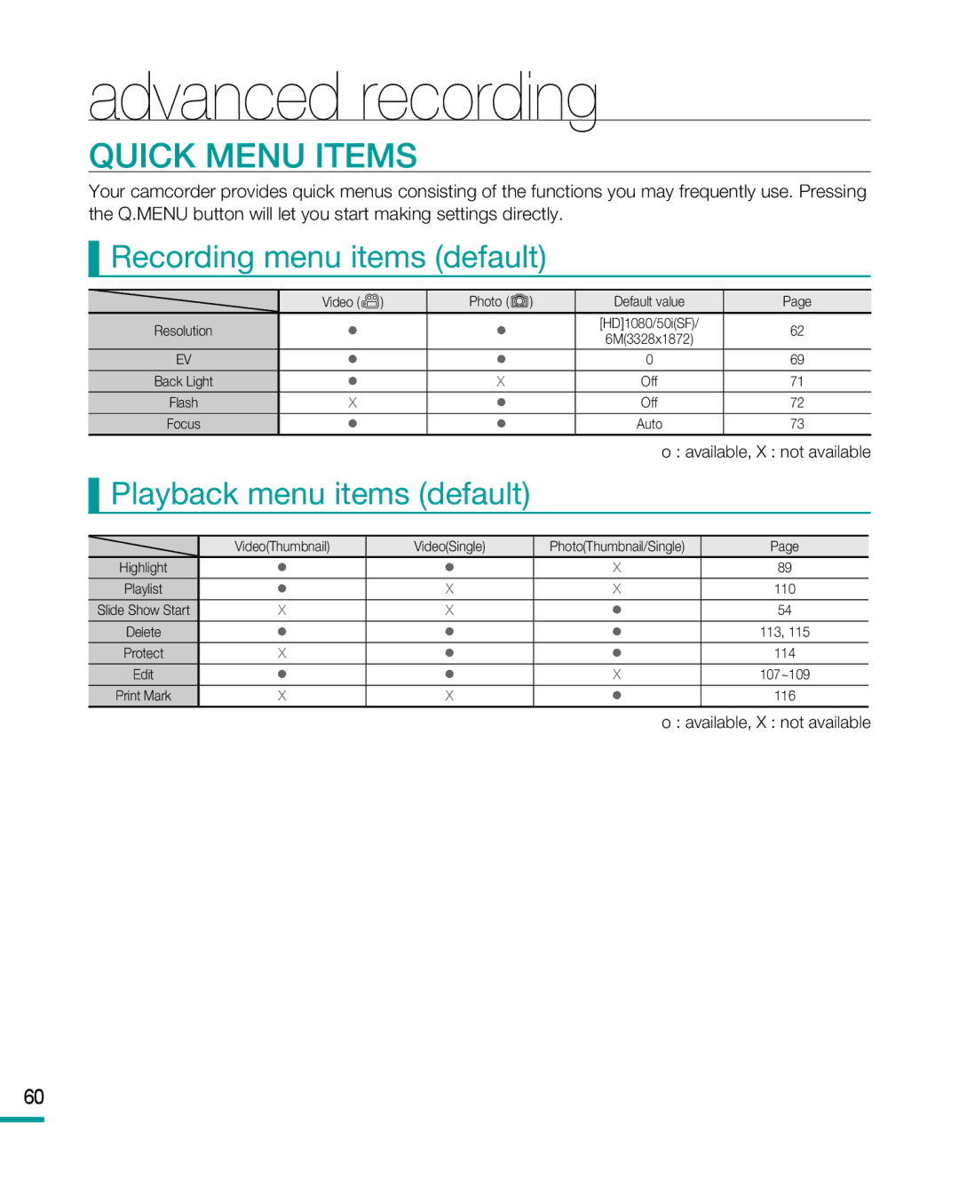 Samsung HMX-R10BP, HMX-R10SP user manual Quick Menu items, Recording menu items default, Playback menu items default 