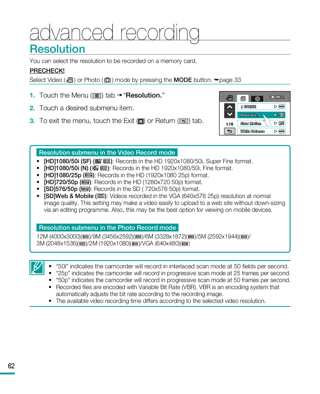 Samsung HMX-R10BP, HMX-R10SP user manual Resolution submenu in the Video Record mode 