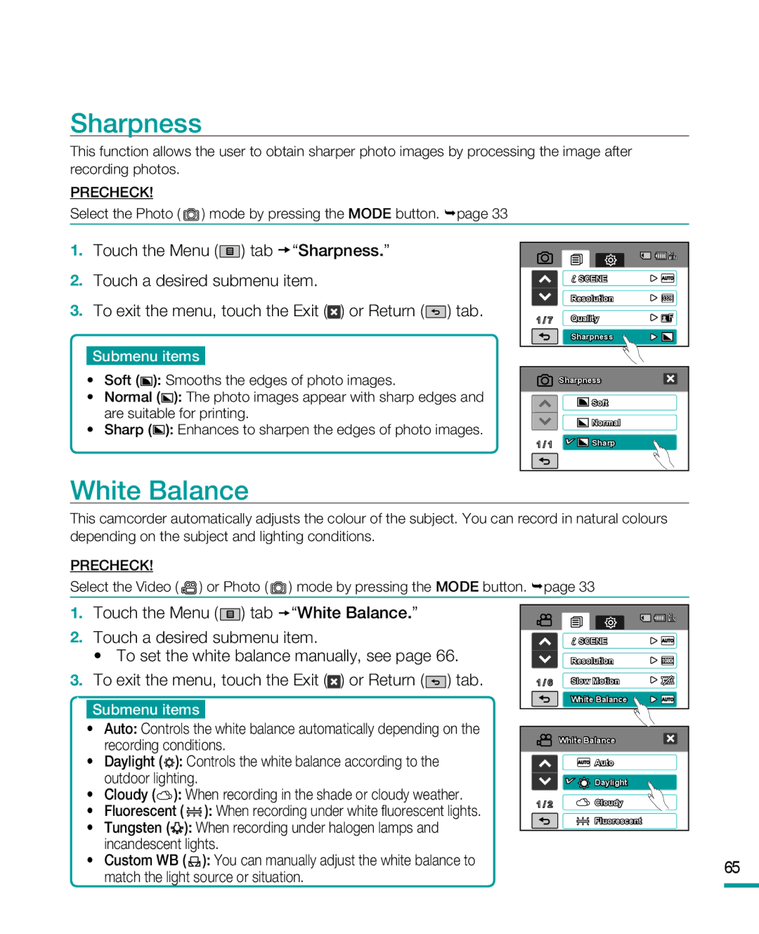 Samsung HMX-R10SP, HMX-R10BP user manual Sharpness, White Balance 