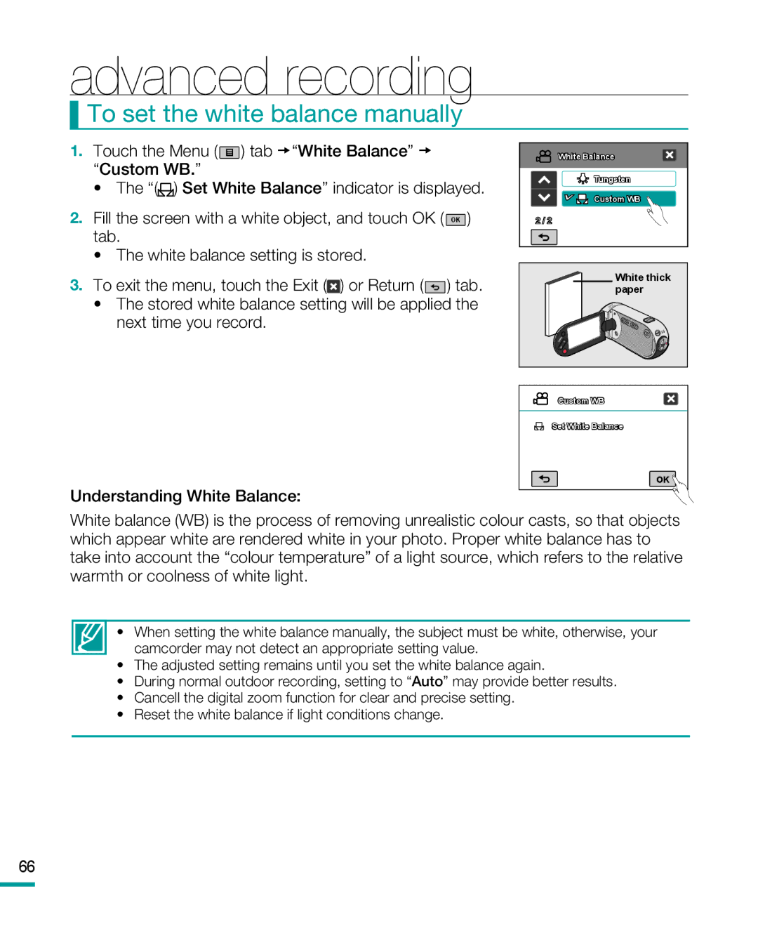 Samsung HMX-R10BP, HMX-R10SP user manual To set the white balance manually, Understanding White Balance 