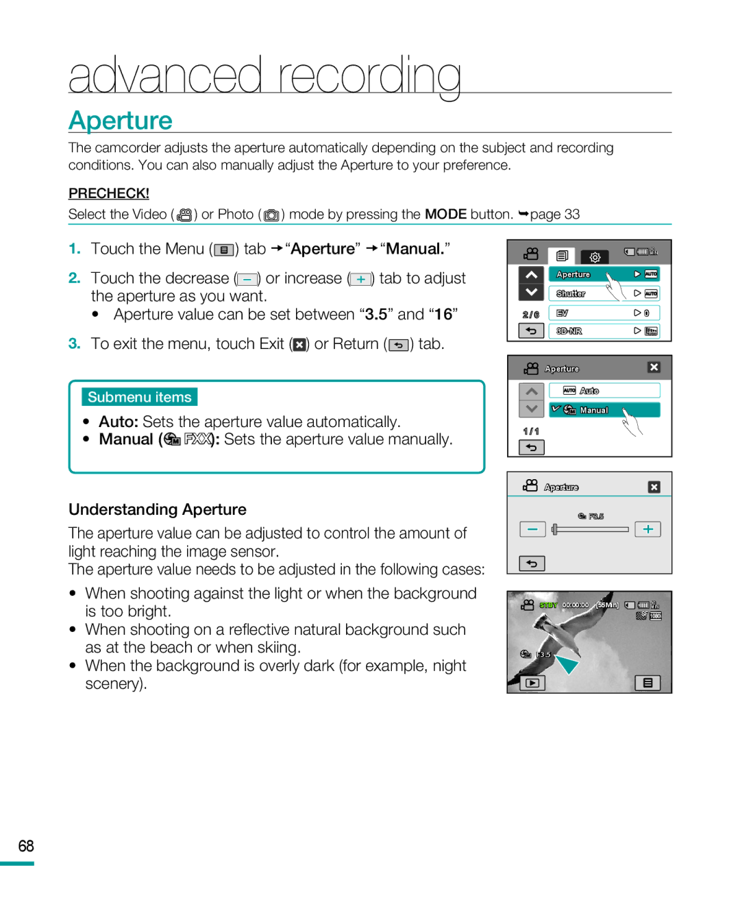 Samsung HMX-R10BP, HMX-R10SP user manual Aperture 