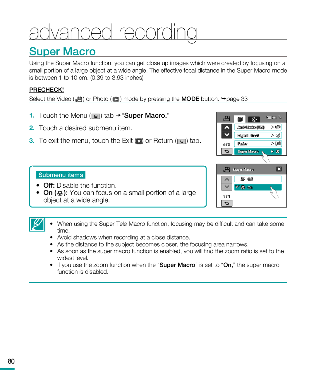 Samsung HMX-R10BP, HMX-R10SP user manual Super Macro 