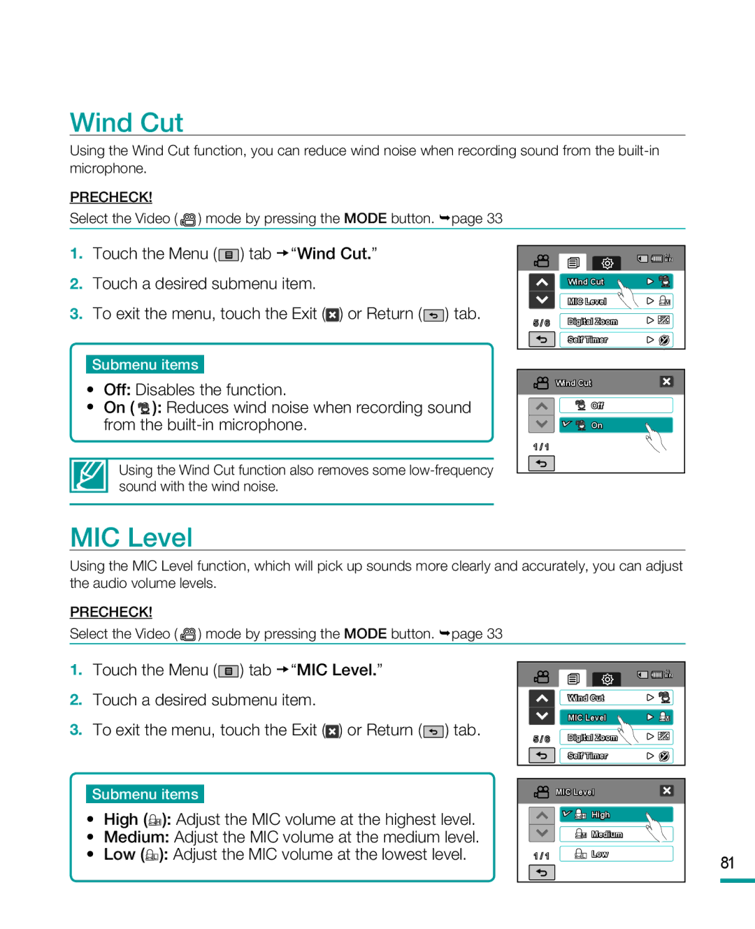 Samsung HMX-R10SP, HMX-R10BP user manual Wind Cut, MIC Level 