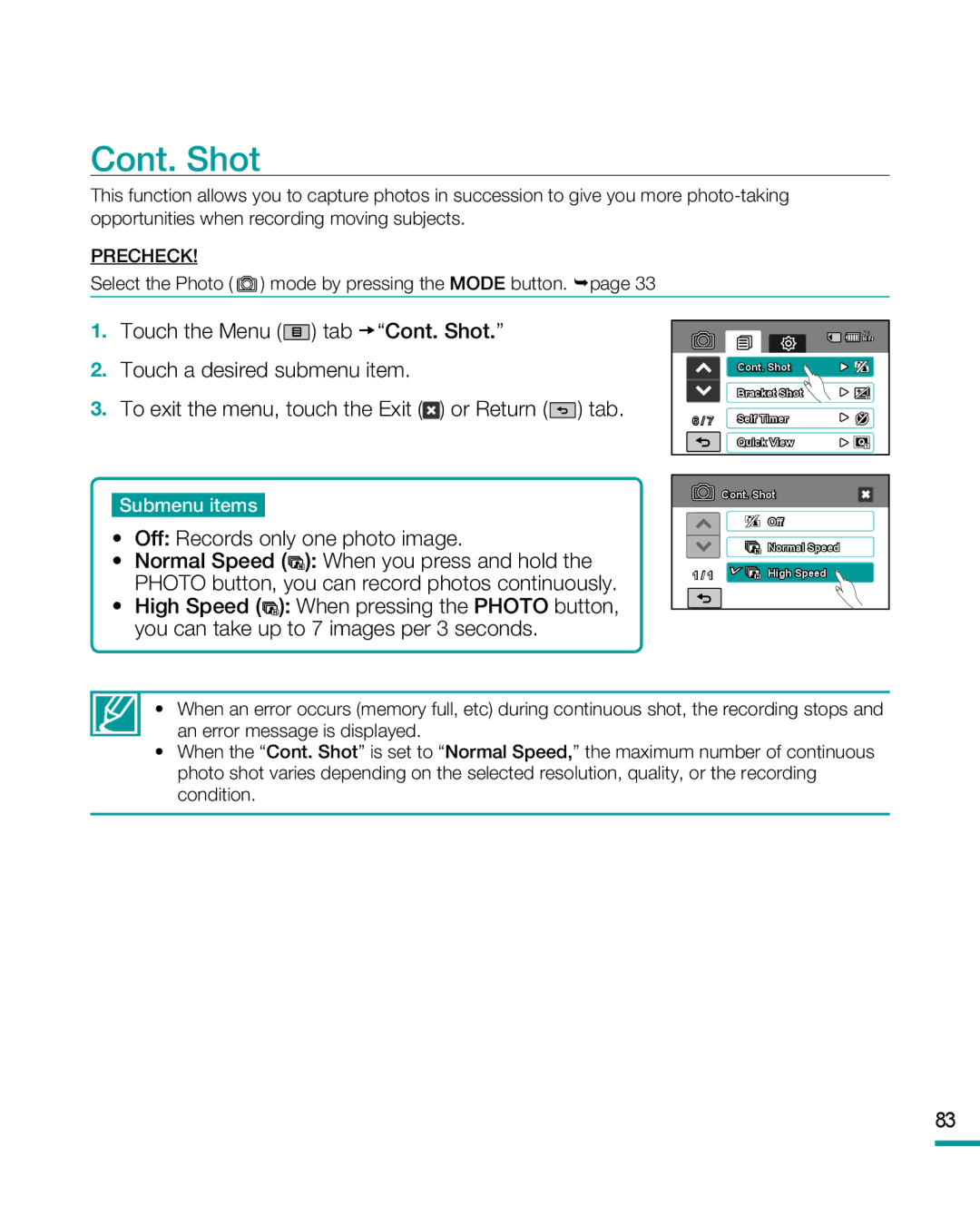 Samsung HMX-R10SP, HMX-R10BP user manual Cont. Shot, Off Records only one photo image 