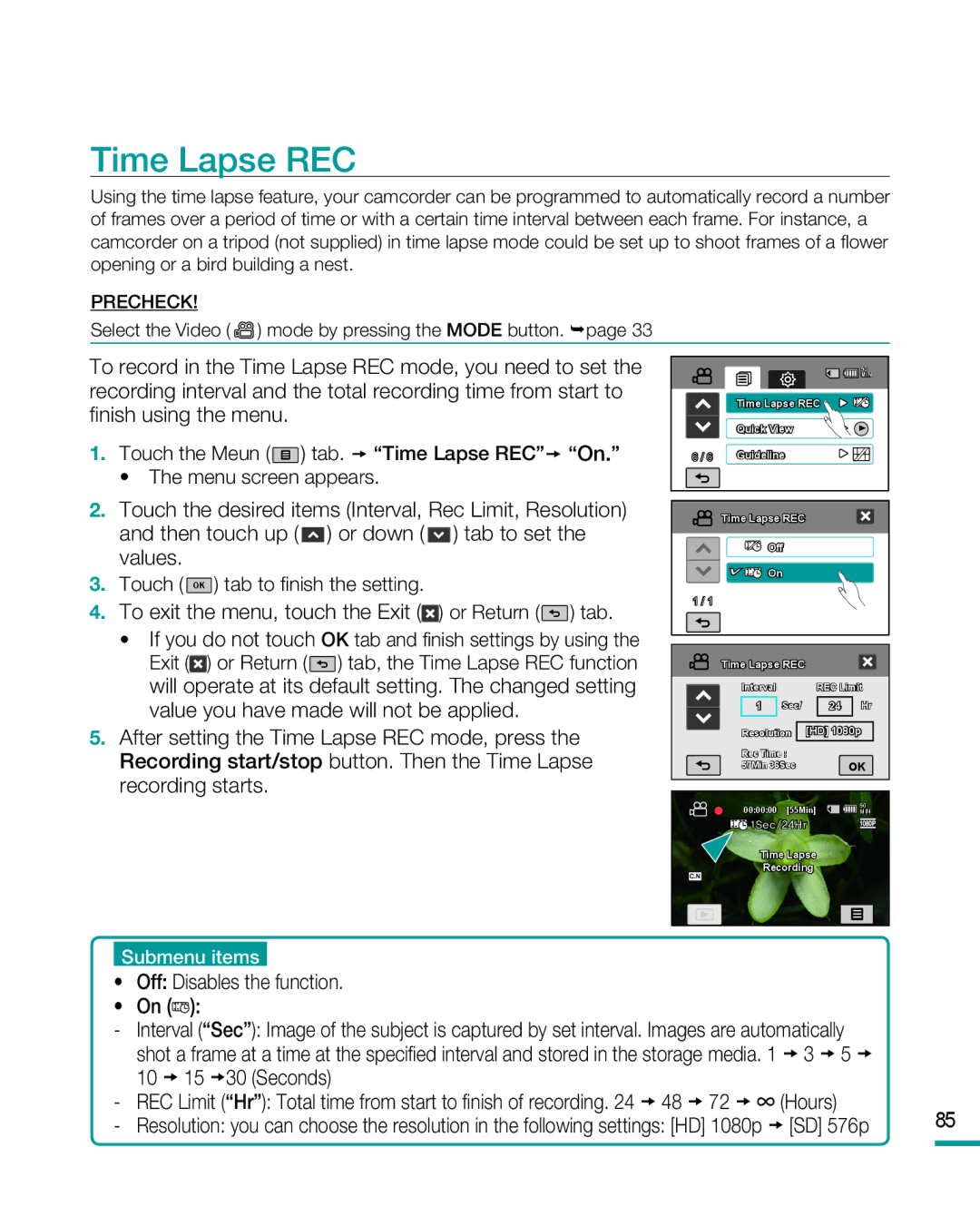 Samsung HMX-R10SP, HMX-R10BP user manual Time Lapse REC, 10  15 30 Seconds 