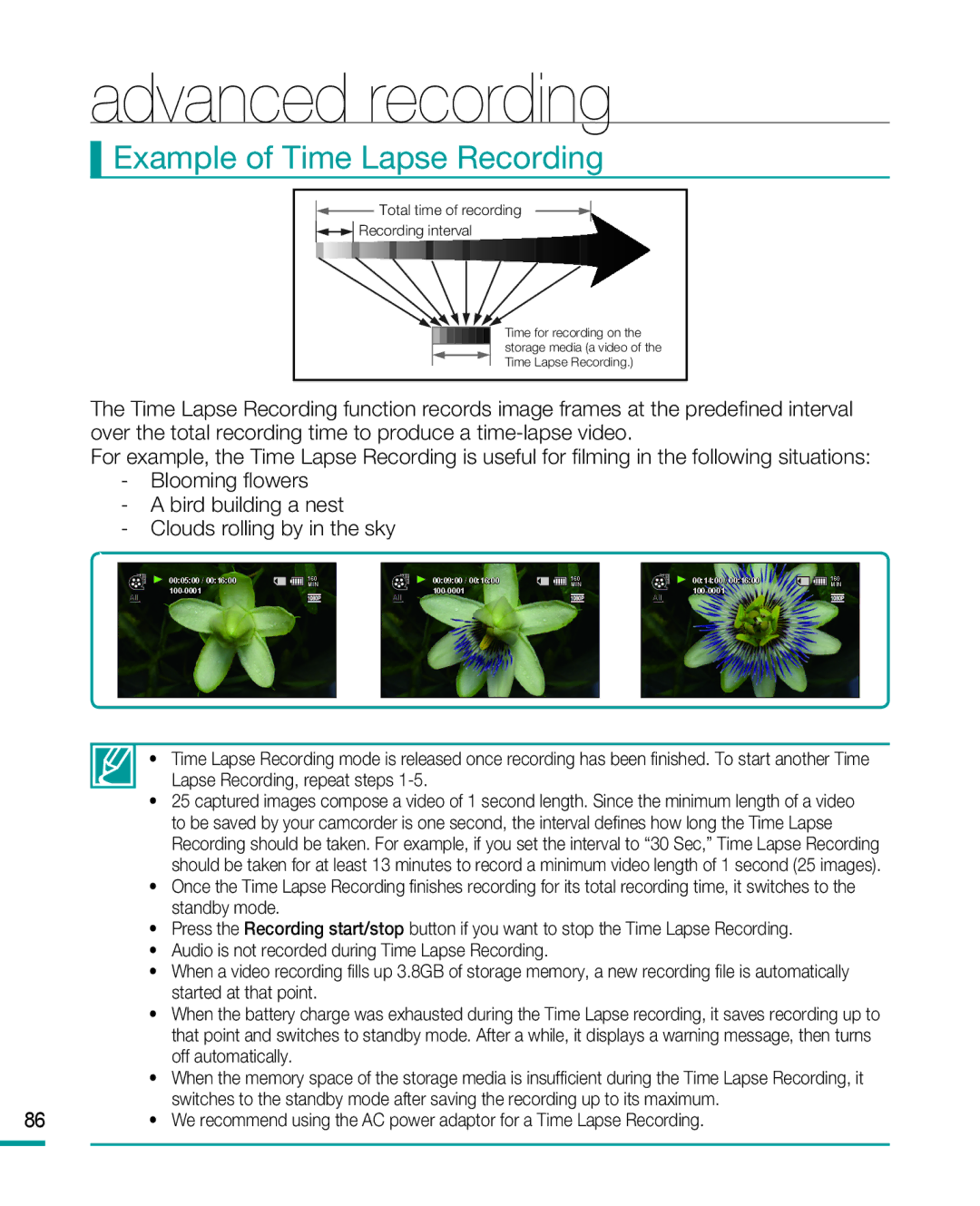 Samsung HMX-R10BP, HMX-R10SP user manual Advanced recording, Example of Time Lapse Recording 