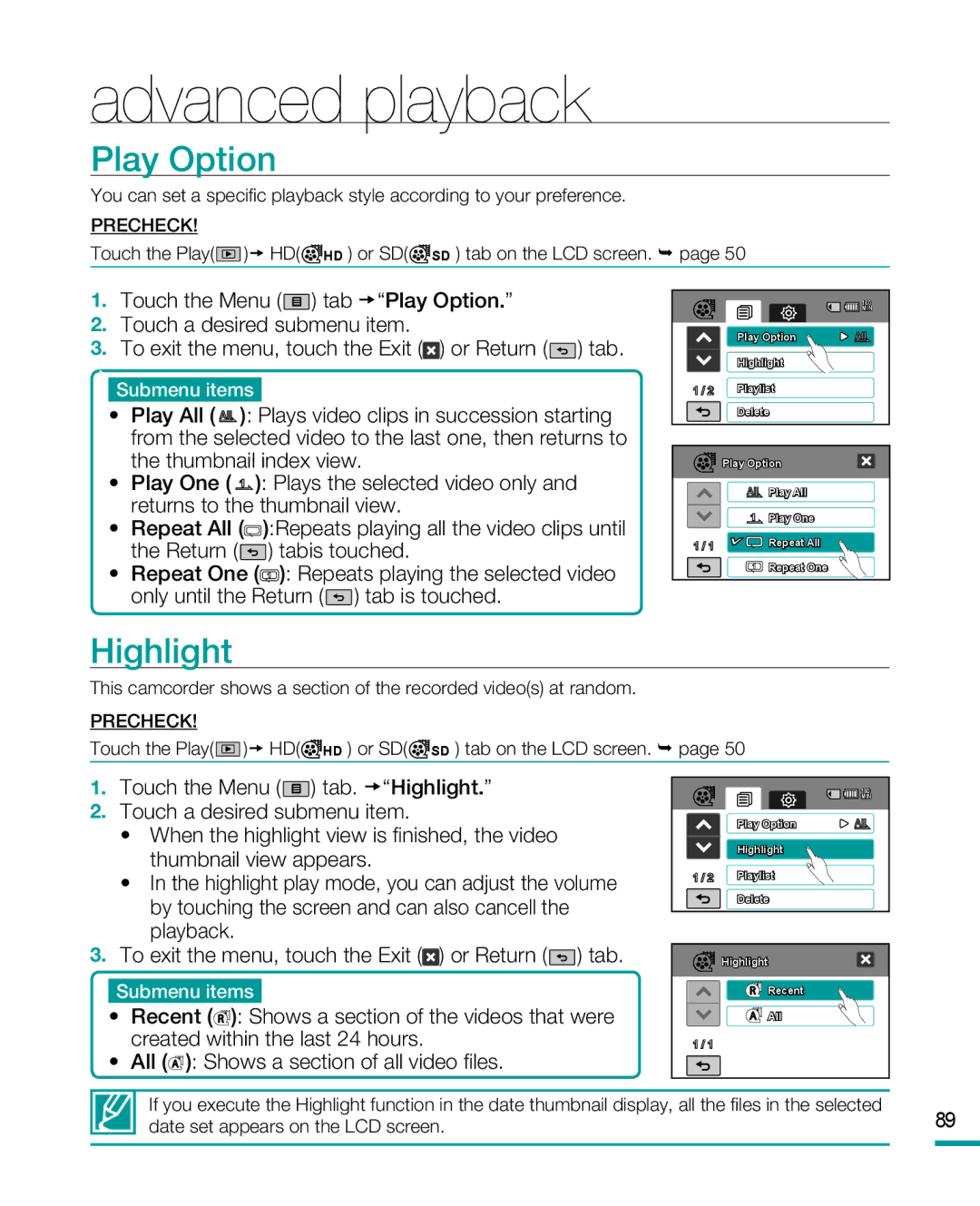 Samsung HMX-R10SP, HMX-R10BP user manual Play Option, Highlight 