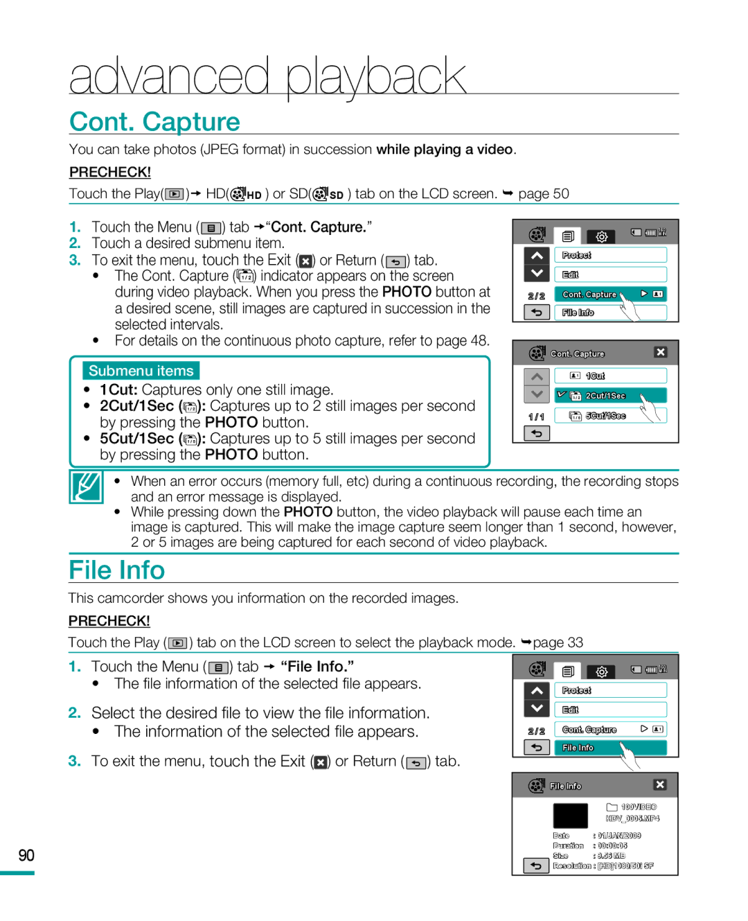 Samsung HMX-R10BP, HMX-R10SP user manual Advanced playback, Cont. Capture, File Info 