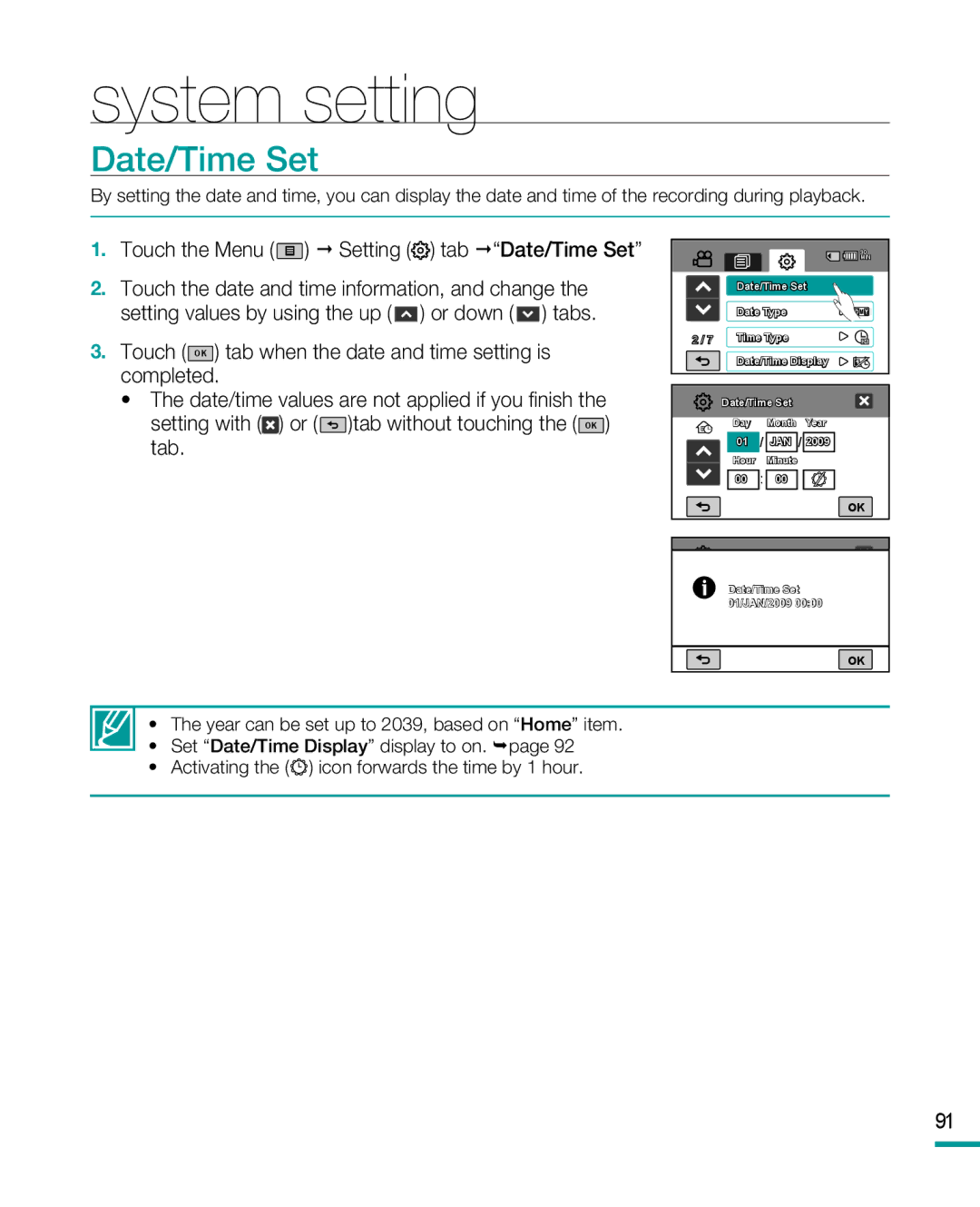 Samsung HMX-R10SP, HMX-R10BP user manual System setting, Date/Time Set 