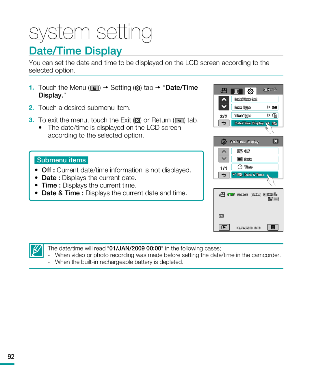 Samsung HMX-R10BP, HMX-R10SP user manual Date/Time Display, Submenu items 