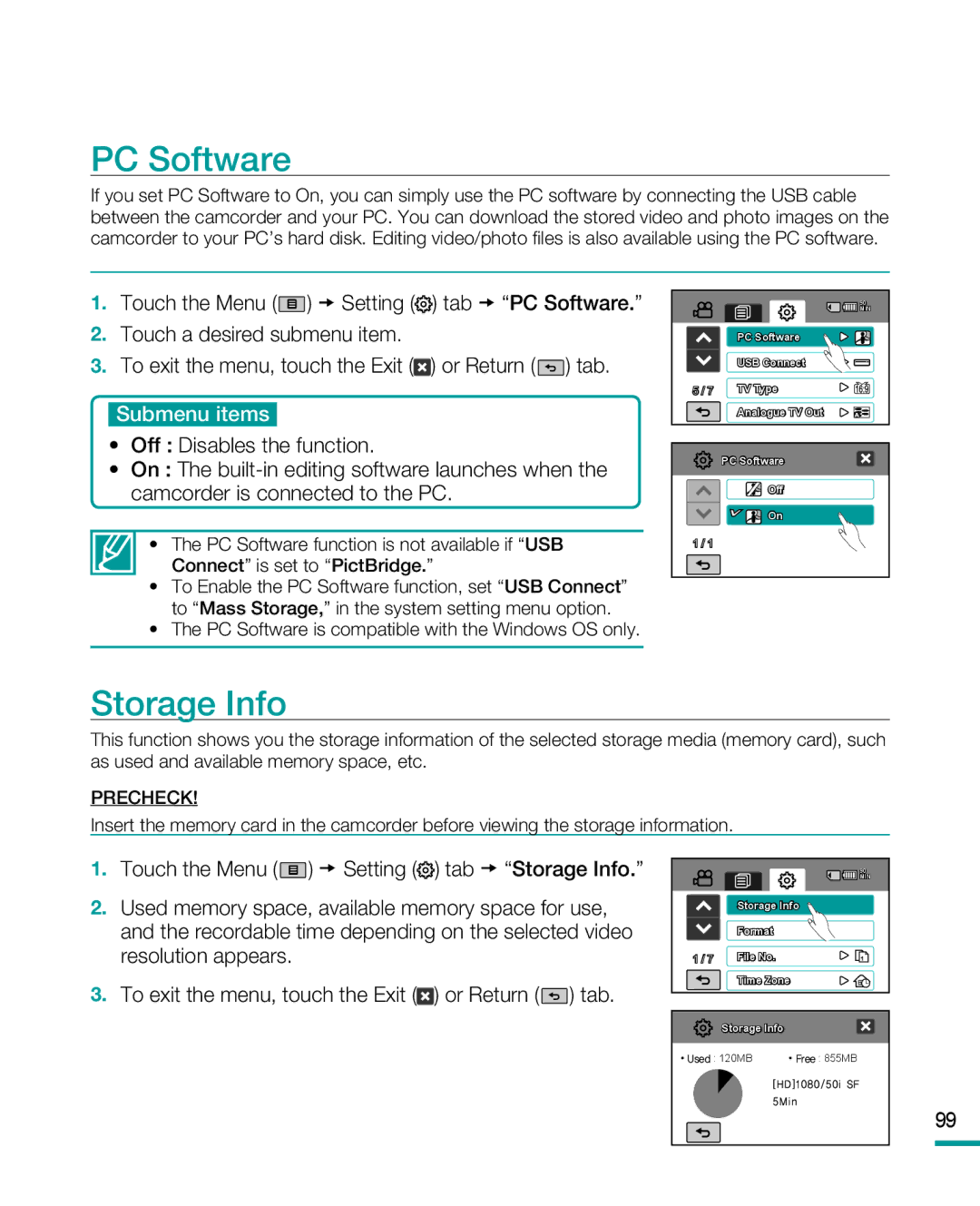 Samsung HMX-R10SP, HMX-R10BP user manual PC Software, Storage Info 