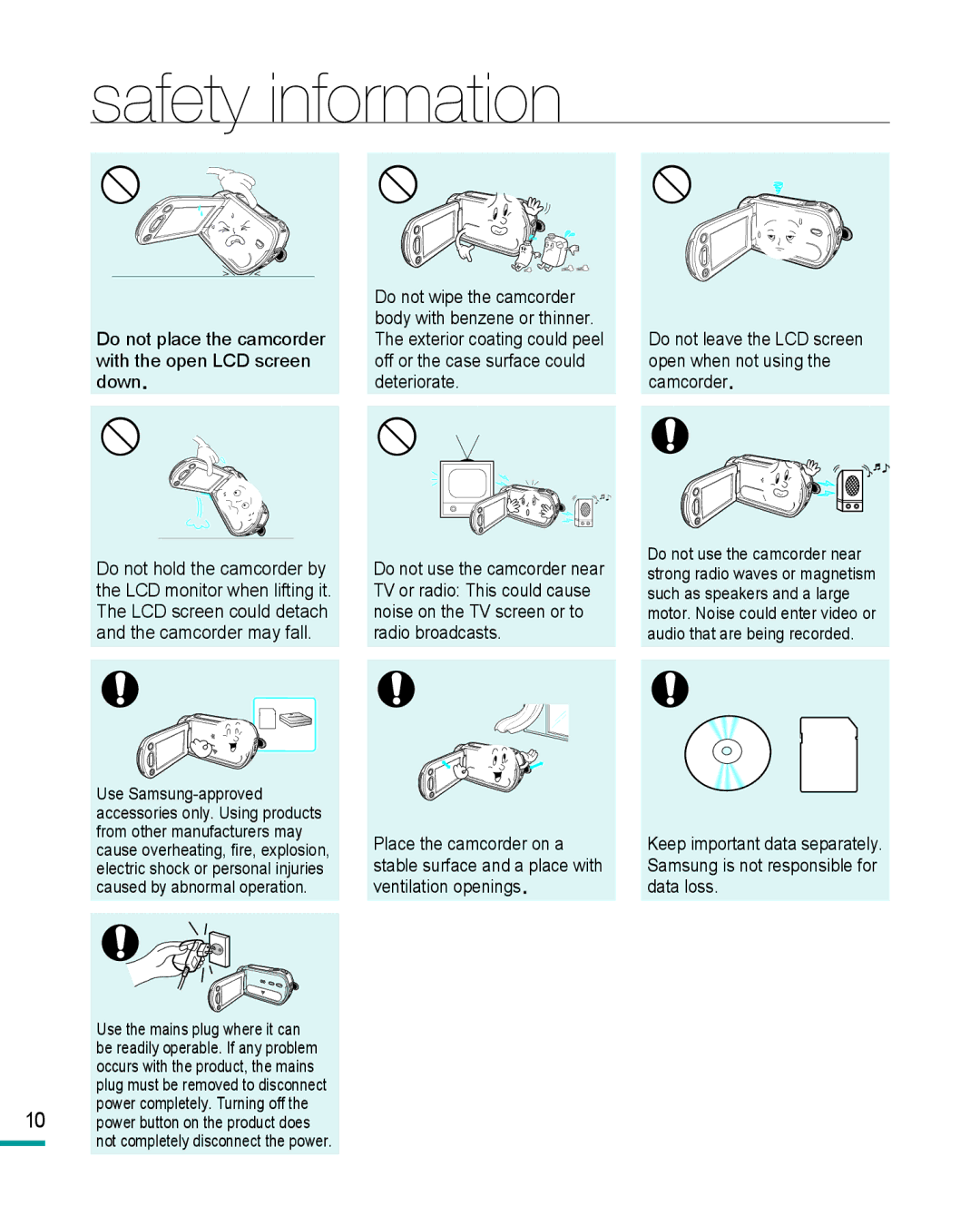 Samsung HMX-R10BP/XER, HMX-R10BP/EDC, HMX-R10SP/EDC, HMX-R10BP/MEA, HMX-R10SP/MEA, HMX-R10BP/AAW manual Safety information 