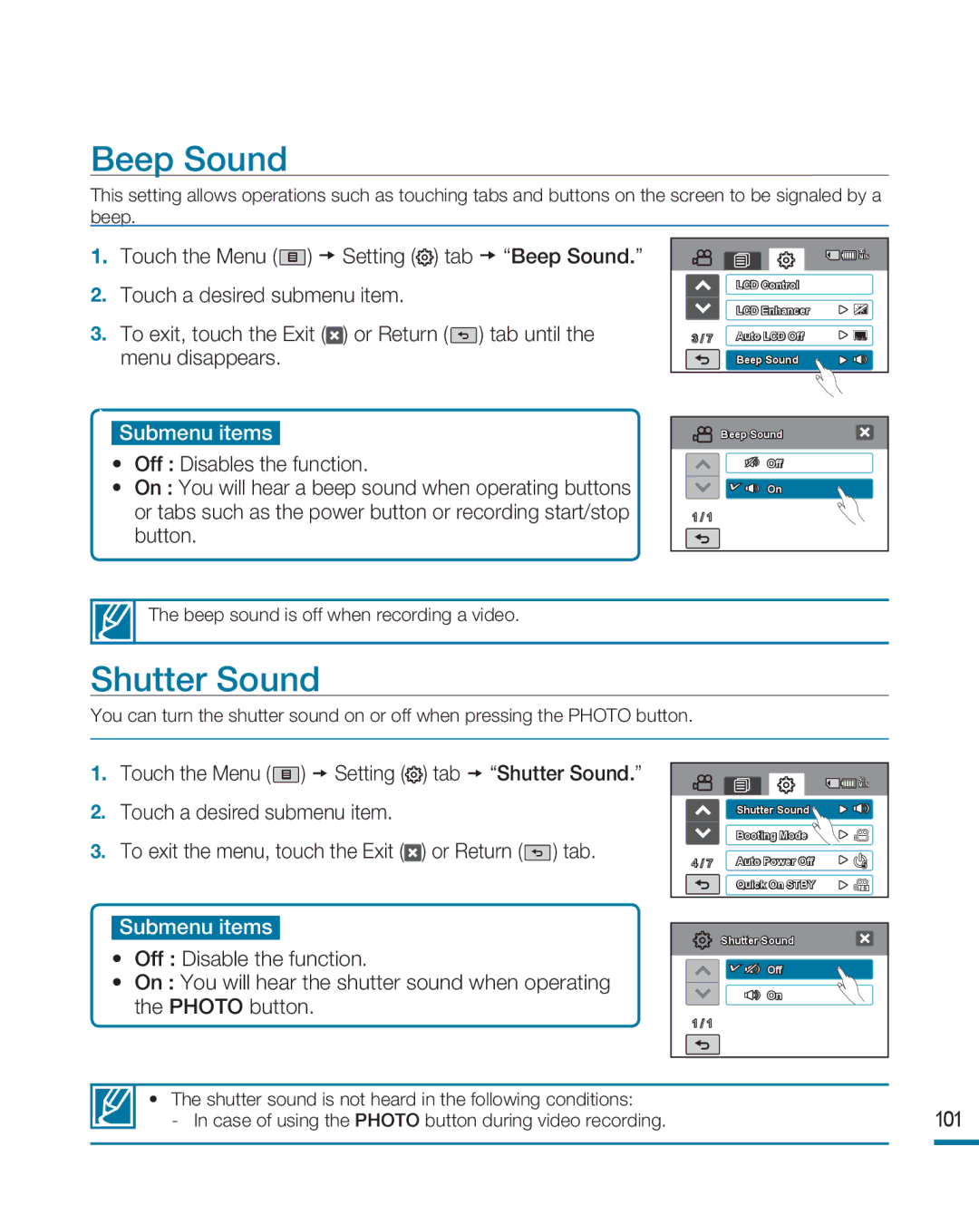 Samsung HMX-R10BP/XER, HMX-R10BP/EDC, HMX-R10SP/EDC, HMX-R10BP/MEA, HMX-R10SP/MEA manual Beep Sound, Shutter Sound, 101 