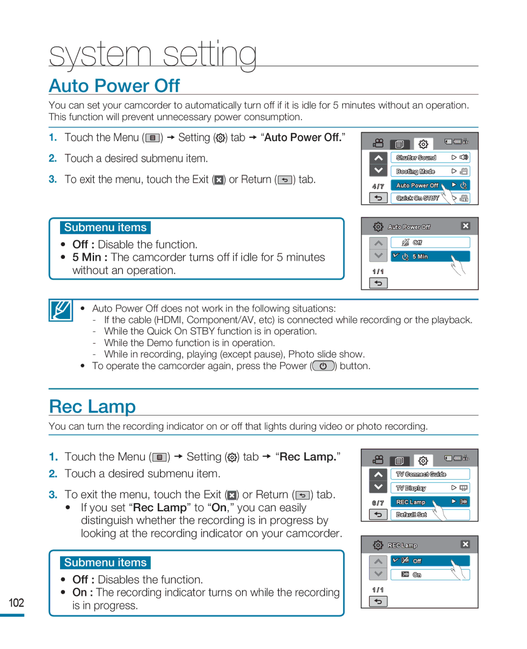 Samsung HMX-R10BP/NWT, HMX-R10BP/EDC, HMX-R10SP/EDC, HMX-R10BP/MEA, HMX-R10SP/MEA Auto Power Off, Rec Lamp, Is in progress 