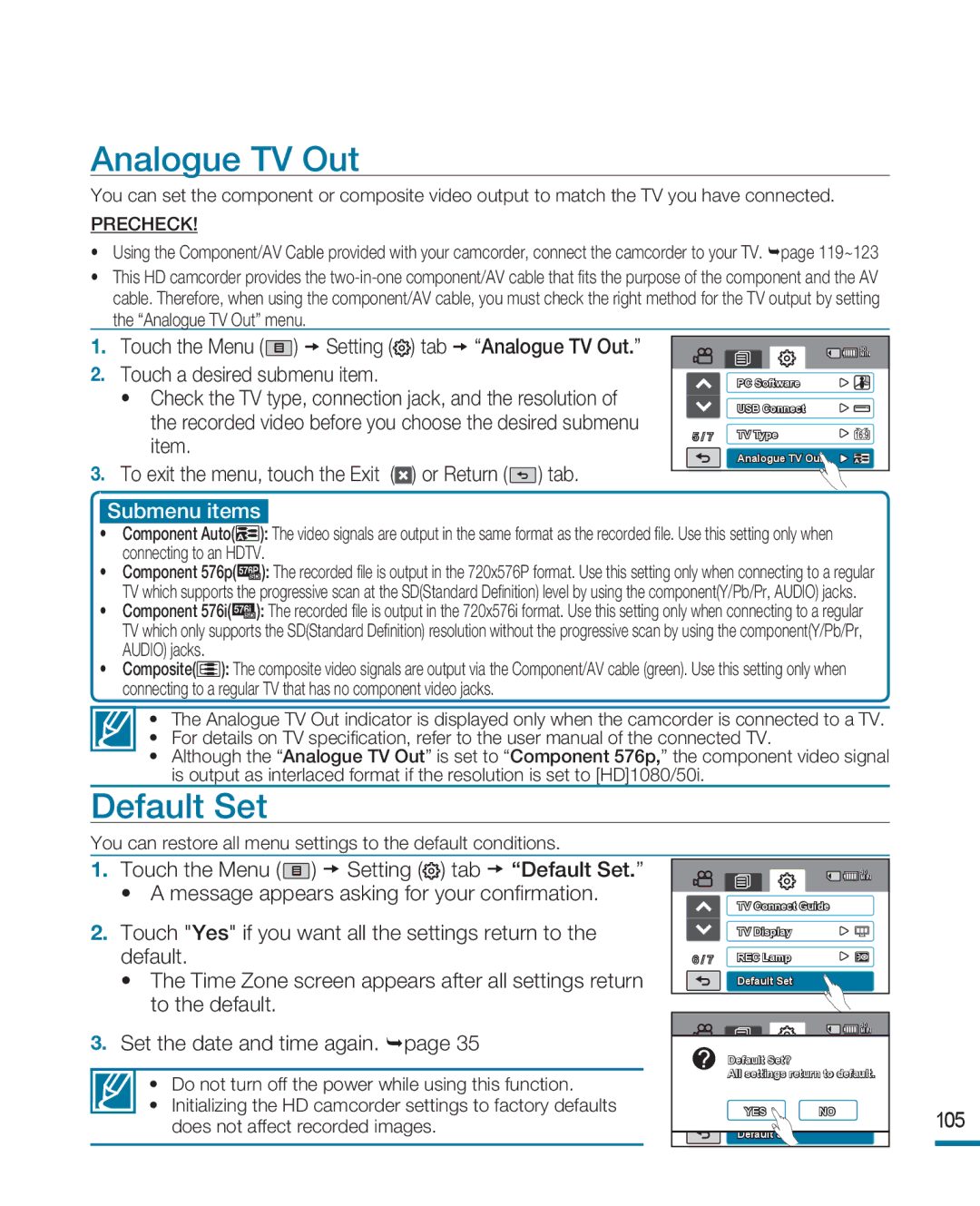 Samsung HMX-R10SP/EDC, HMX-R10BP/EDC, HMX-R10BP/MEA, HMX-R10SP/MEA, HMX-R10BP/AAW, HMX-R10SP/AAW Analogue TV Out, Default Set 