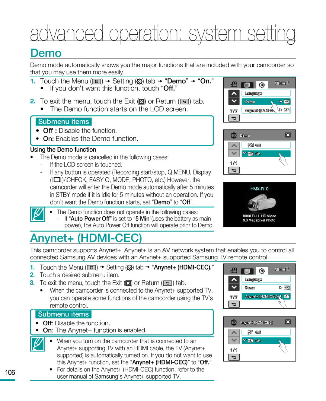 Samsung HMX-R10BP/MEA, HMX-R10BP/EDC, HMX-R10SP/EDC, HMX-R10SP/MEA manual Anynet+ HDMI-CEC, On Enables the Demo function 