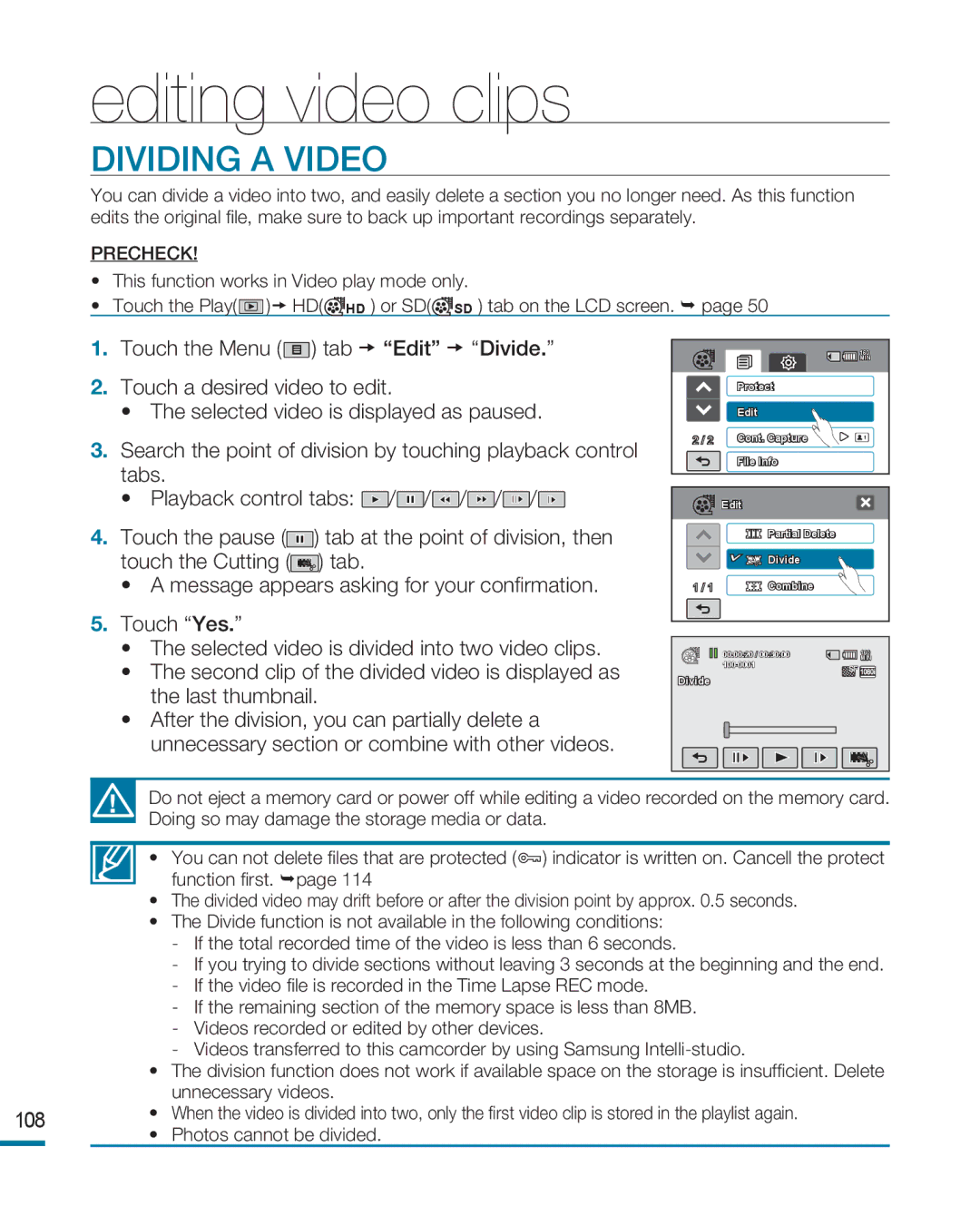 Samsung HMX-R10BP/AAW, HMX-R10BP/EDC, HMX-R10SP/EDC, HMX-R10BP/MEA, HMX-R10SP/MEA, HMX-R10SP/AAW manual Dividing a Video 