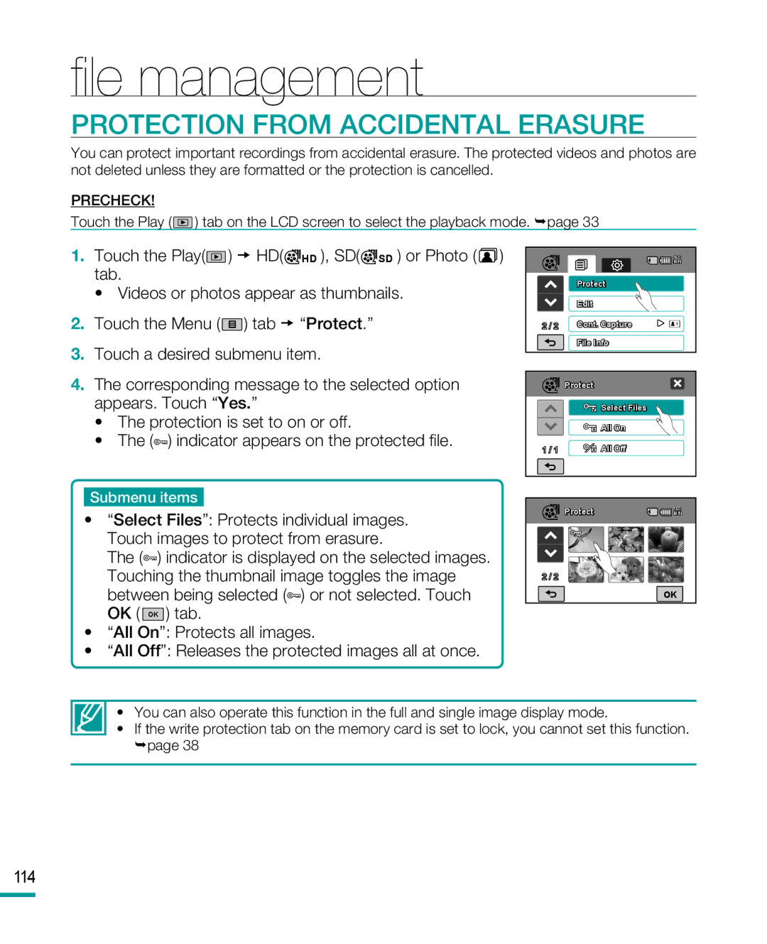 Samsung HMX-R10BP/XER, HMX-R10BP/EDC, HMX-R10SP/EDC, HMX-R10BP/MEA manual File management, Protection from Accidental Erasure 