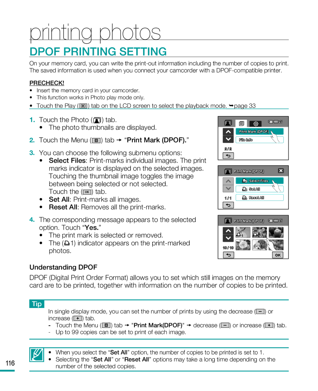 Samsung HMX-R10BP/COL, HMX-R10BP/EDC, HMX-R10SP/EDC manual Printing photos, Dpof Printing Setting, Understanding Dpof 