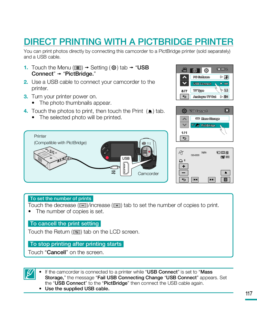 Samsung HMX-R10BP/EDC manual Direct Printing with a Pictbridge Printer, Touch the Return tab on the LCD screen, 11 