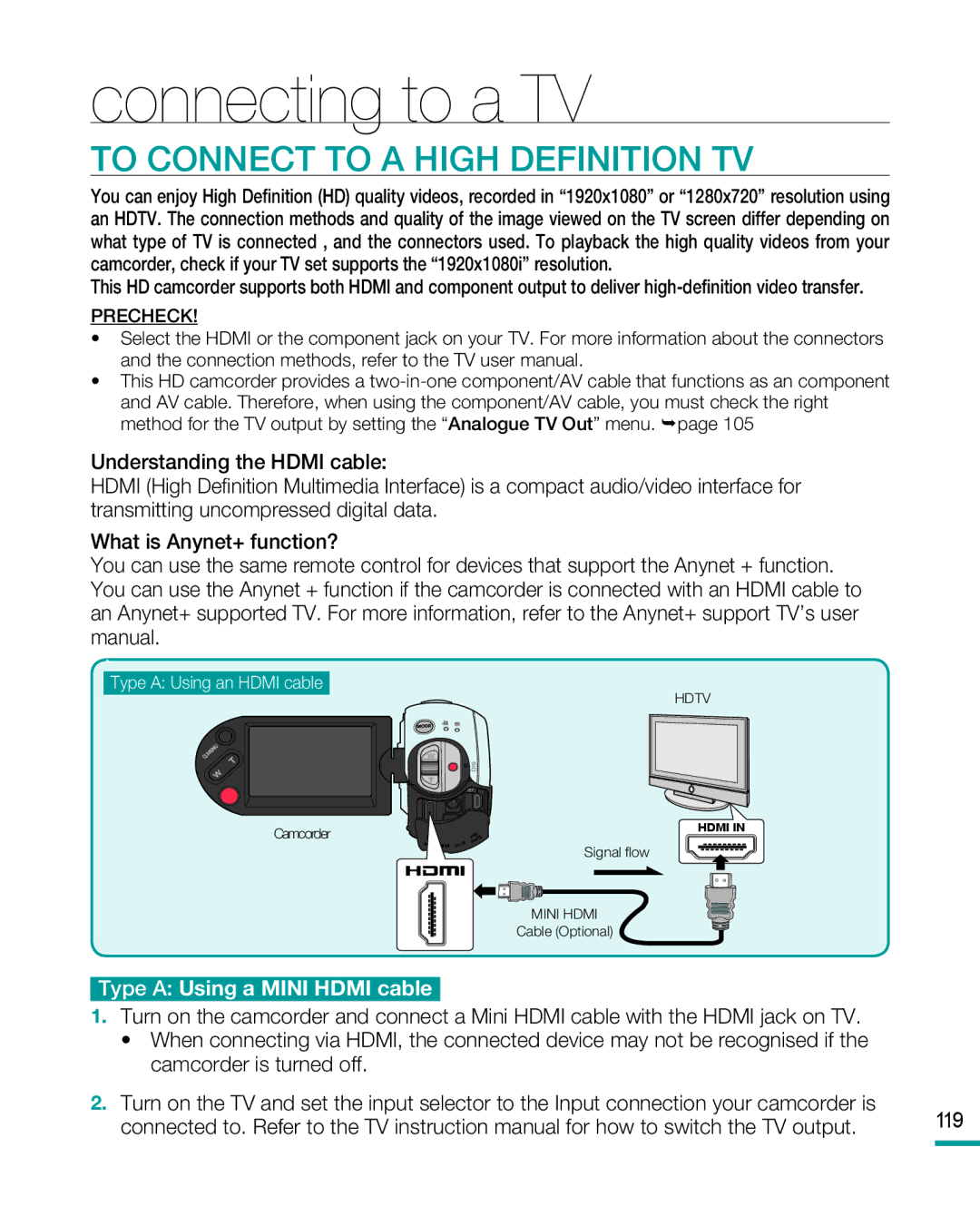 Samsung HMX-R10BP/MEA, HMX-R10BP/EDC, HMX-R10SP/EDC, HMX-R10SP/MEA Connecting to a TV, To Connect to a High Definition TV 