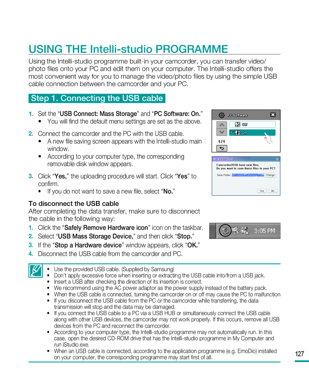 Samsung HMX-R10BP/XER manual Using the Intelli-studio Programme, Select USB Mass Storage Device, and then click Stop 