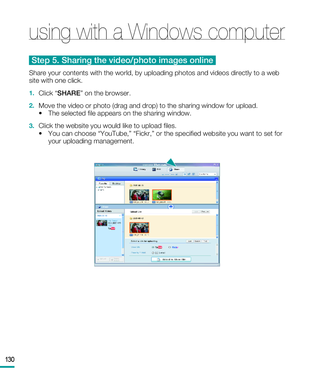 Samsung HMX-R10BP/EDC, HMX-R10SP/EDC, HMX-R10BP/MEA, HMX-R10SP/MEA, HMX-R10BP/AAW manual Sharing the video/photo images online 