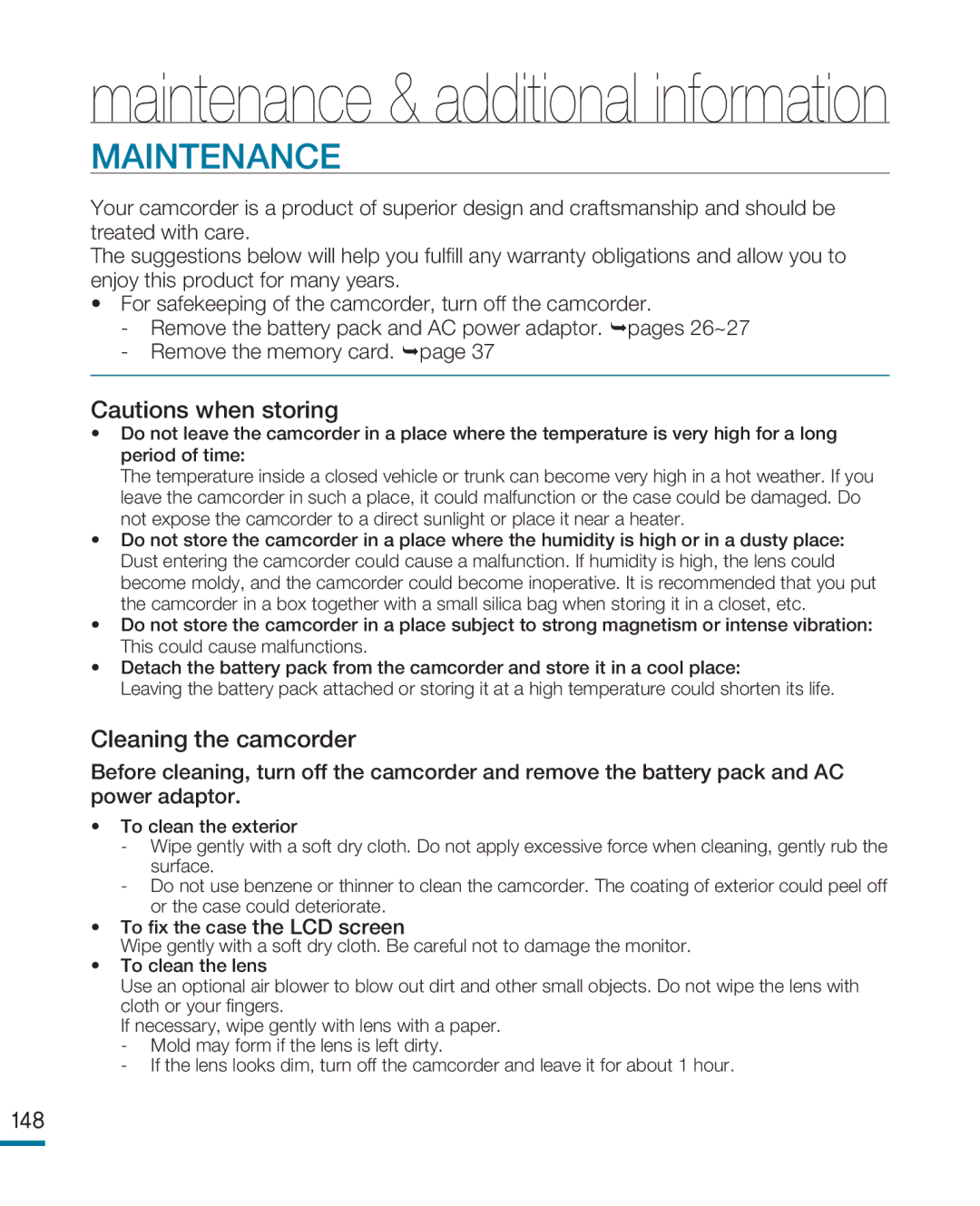 Samsung HMX-R10SP/AAW, HMX-R10BP/EDC, HMX-R10SP/EDC, HMX-R10BP/MEA, HMX-R10SP/MEA, HMX-R10BP/AAW manual Maintenance, 148 