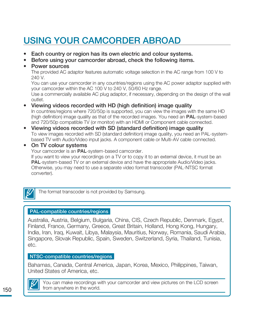 Samsung HMX-R10SP/XEB, HMX-R10BP/EDC, HMX-R10SP/EDC, HMX-R10BP/MEA manual Using Your Camcorder Abroad, On TV colour systems 