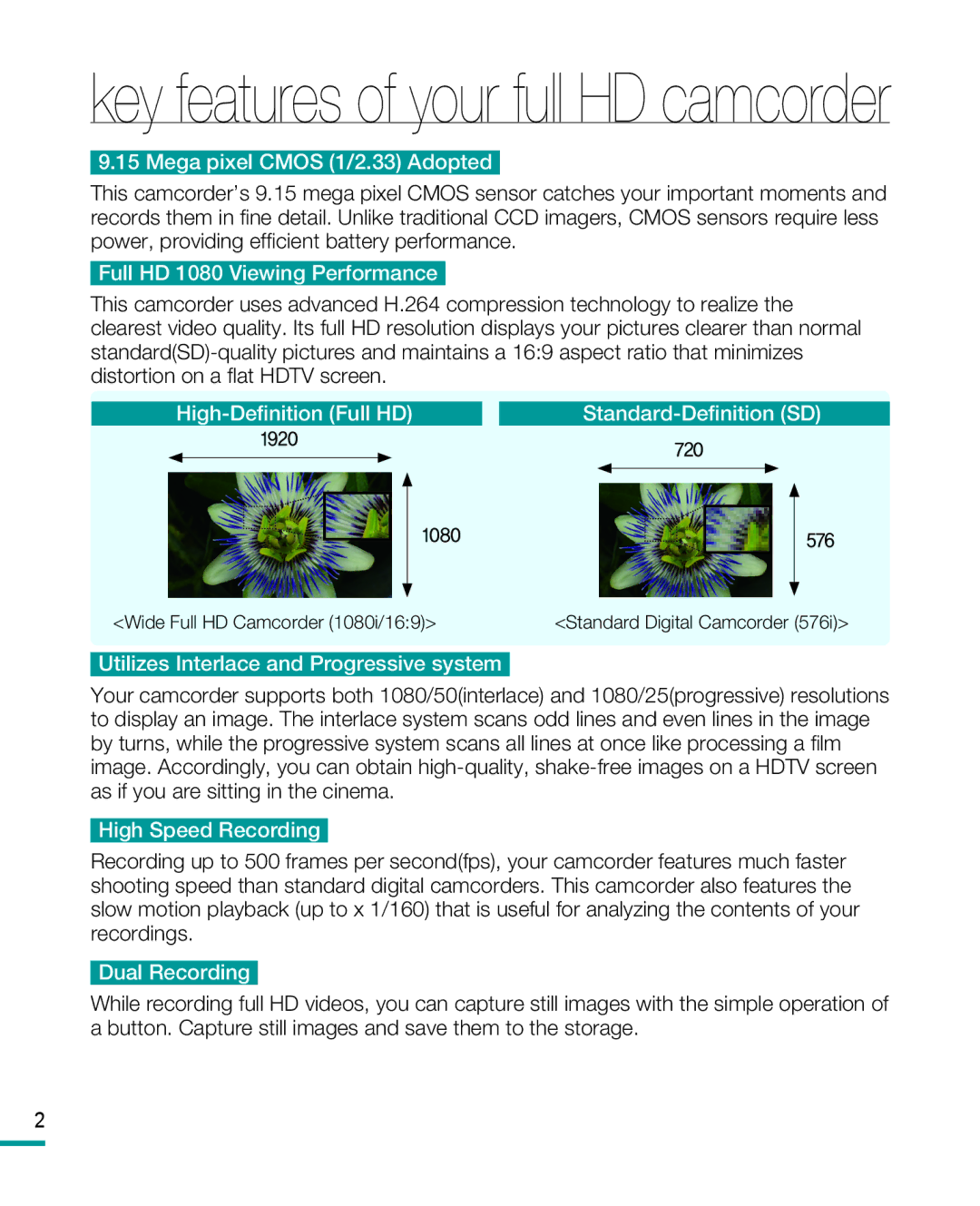 Samsung HMX-R10BP/MEA, HMX-R10BP/EDC, HMX-R10SP/EDC, HMX-R10SP/MEA, HMX-R10BP/AAW manual Key features of your full HD camcorder 