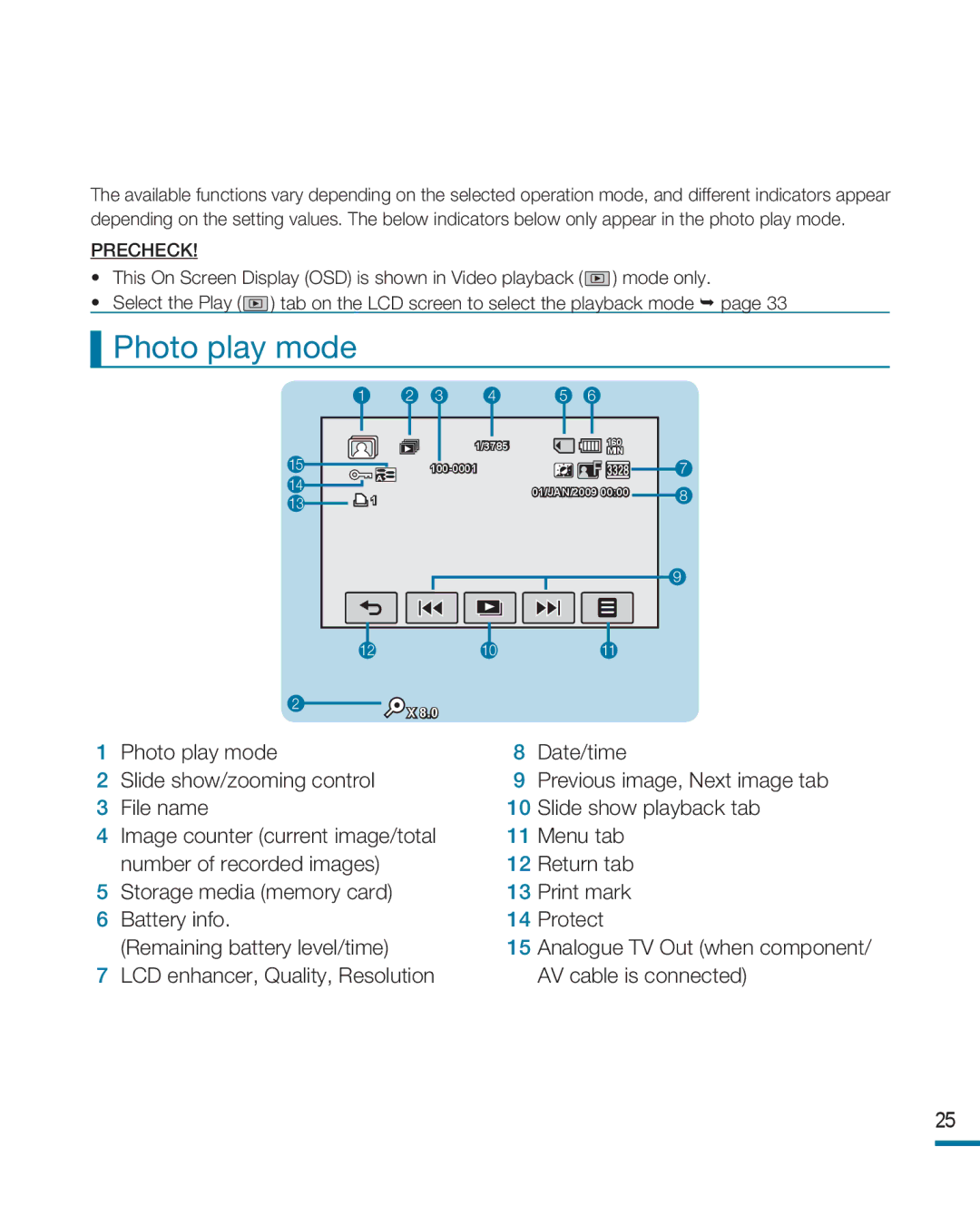 Samsung HMX-R10BP/COL, HMX-R10BP/EDC manual Photo play mode, LCD enhancer, Quality, Resolution AV cable is connected 