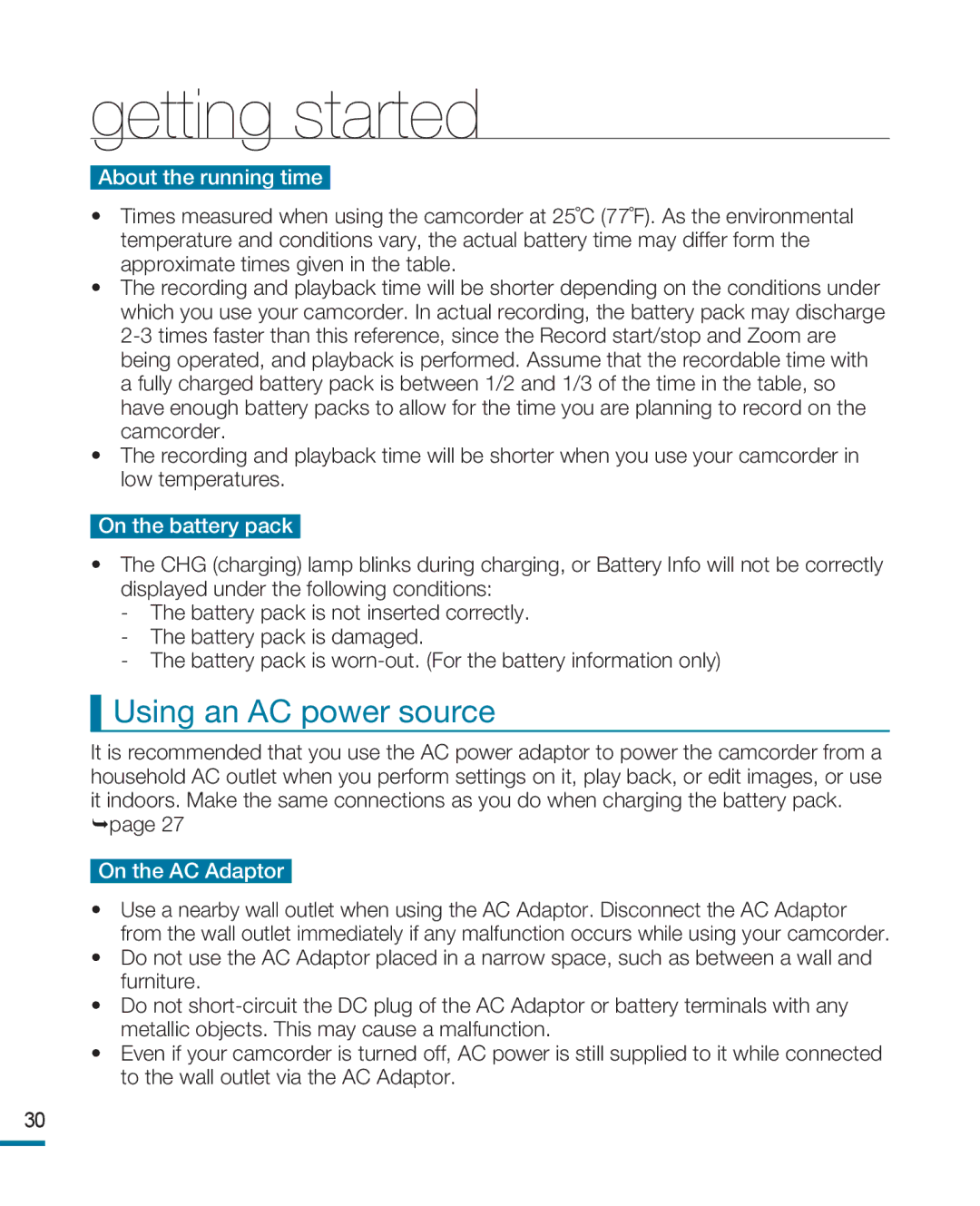 Samsung HMX-R10BP/AAW, HMX-R10BP/EDC, HMX-R10SP/EDC, HMX-R10BP/MEA, HMX-R10SP/MEA manual Using an AC power source, page 