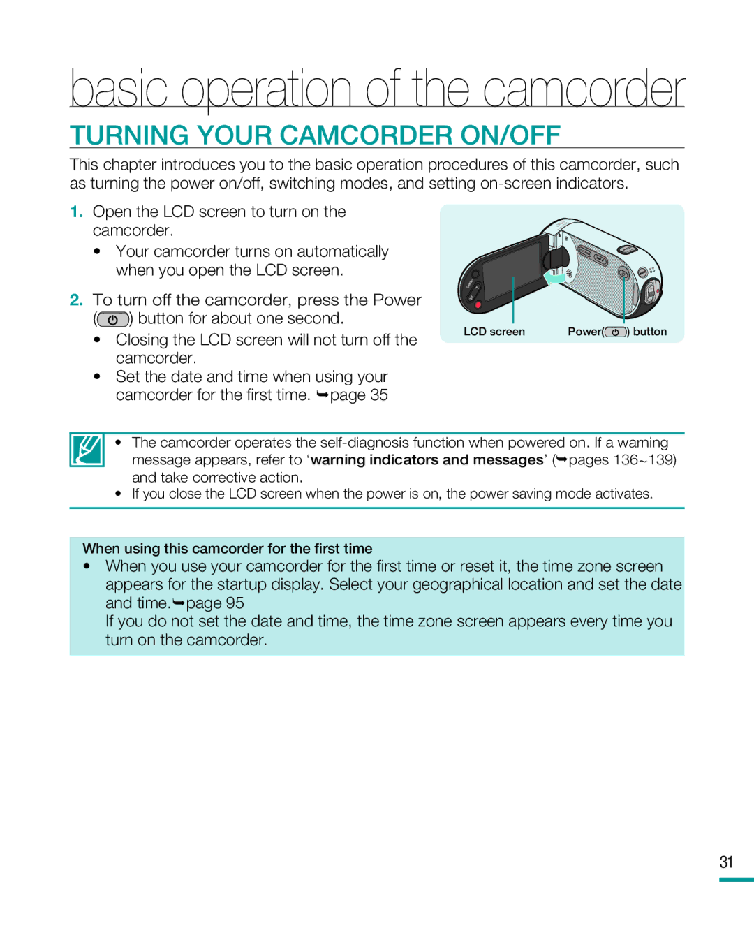 Samsung HMX-R10SP/AAW, HMX-R10BP/EDC manual Turning Your Camcorder ON/OFF, Open the LCD screen to turn on the camcorder 