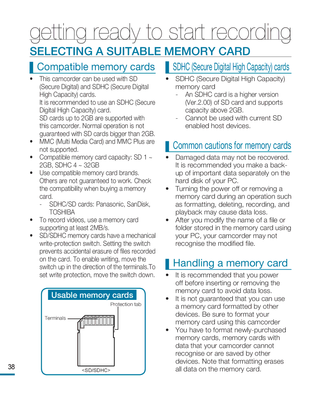 Samsung HMX-R10BP/COL, HMX-R10BP/EDC Selecting a Suitable Memory Card, Compatible memory cards, Handling a memory card 