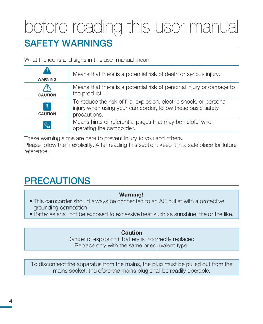 Samsung HMX-R10BP/AAW, HMX-R10BP/EDC, HMX-R10SP/EDC, HMX-R10BP/MEA, HMX-R10SP/MEA, HMX-R10SP/AAW Safety Warnings, Precautions 