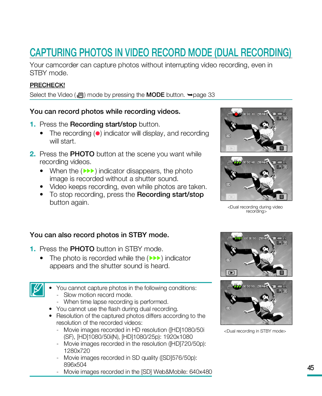 Samsung HMX-R10BP/XEB, HMX-R10BP/EDC, HMX-R10SP/EDC, HMX-R10BP/MEA manual Capturing Photos in Video Record Mode Dual Recording 