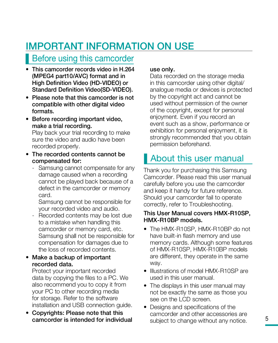 Samsung HMX-R10SP/AAW, HMX-R10BP/EDC, HMX-R10SP/EDC, HMX-R10BP/MEA Important Information on USE, Before using this camcorder 