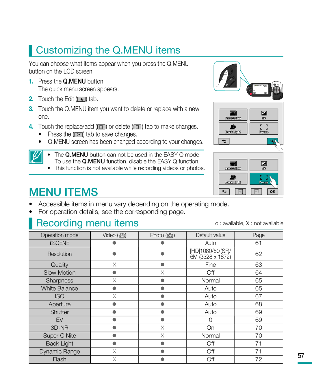 Samsung HMX-R10SP/AAW Menu Items, Customizing the Q.MENU items, Recording menu items, Press the OK tab to save changes 