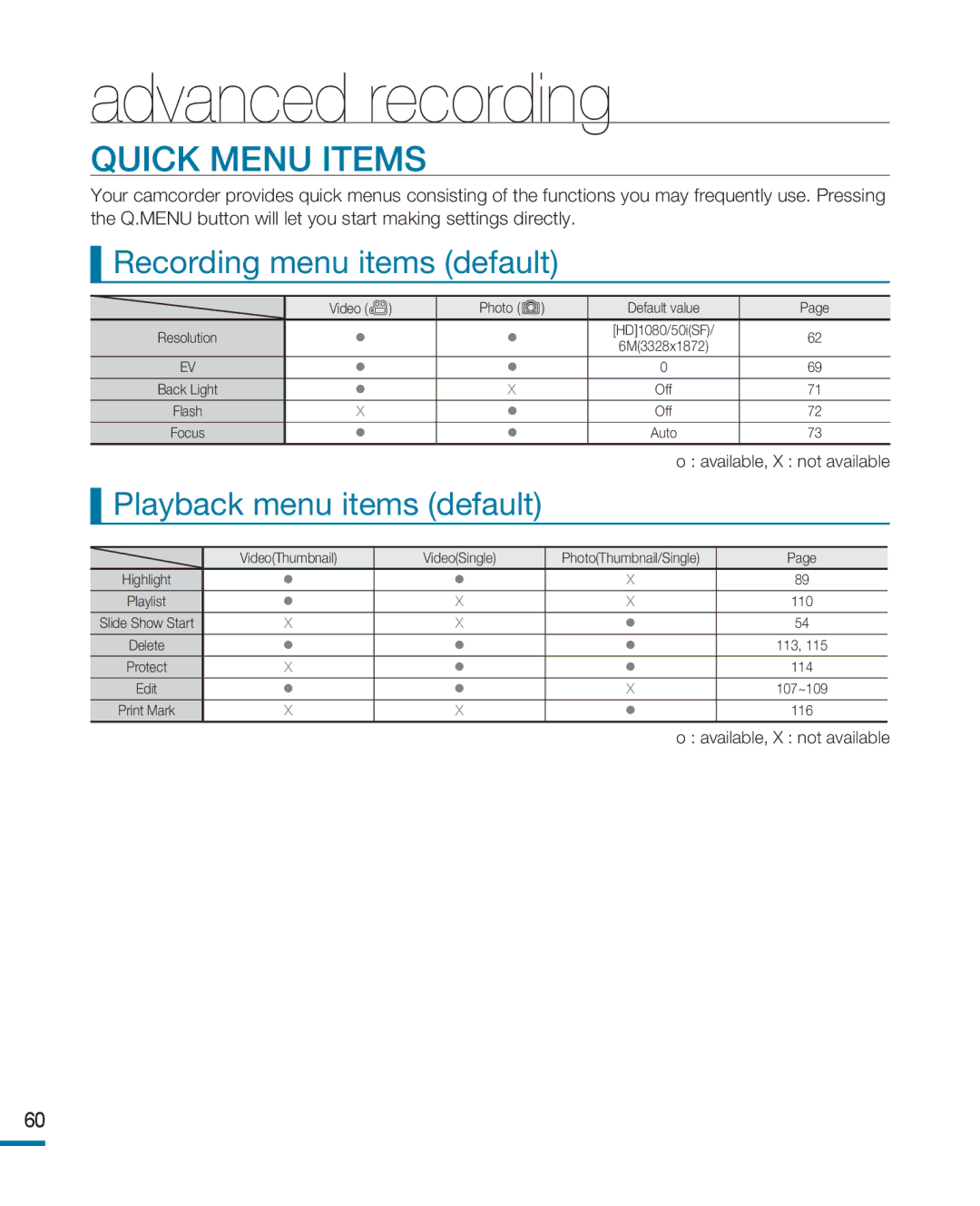 Samsung HMX-R10SP/XER, HMX-R10BP/EDC manual Quick Menu items, Recording menu items default, Playback menu items default 