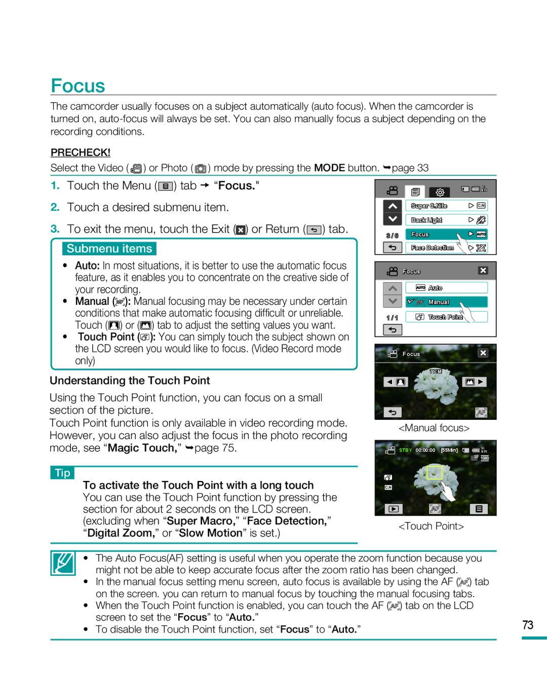 Samsung HMX-R10SP/XER, HMX-R10BP/EDC, HMX-R10SP/EDC, HMX-R10BP/MEA, HMX-R10SP/MEA, HMX-R10BP/AAW, HMX-R10SP/AAW manual Focus 