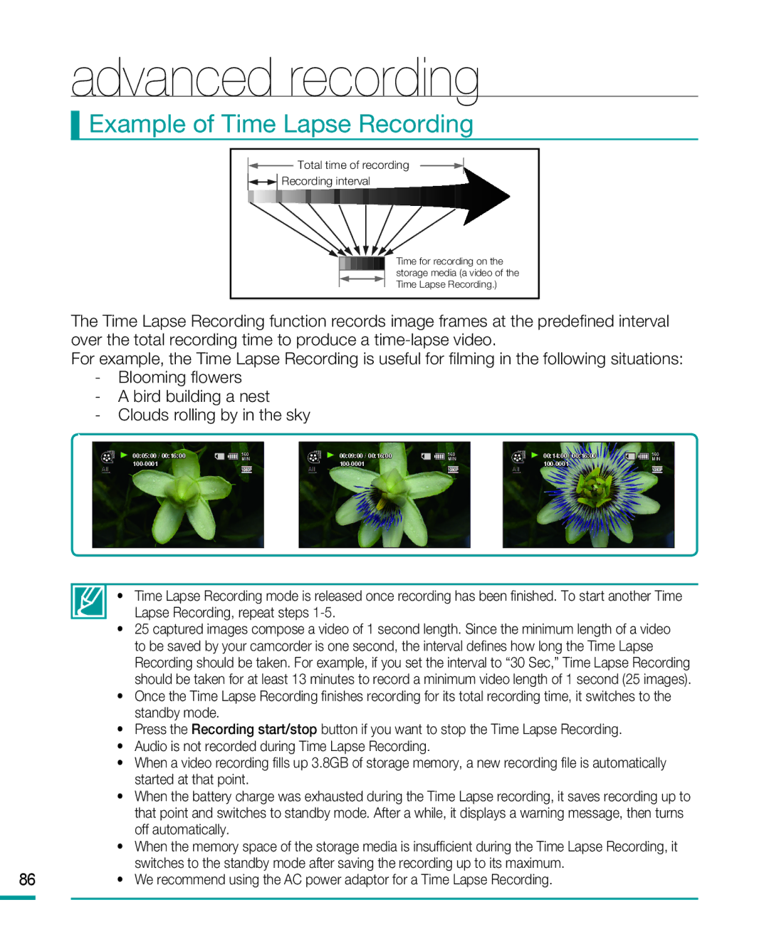 Samsung HMX-R10SP/XER, HMX-R10BP/EDC, HMX-R10SP/EDC, HMX-R10BP/MEA manual Advanced recording, Example of Time Lapse Recording 