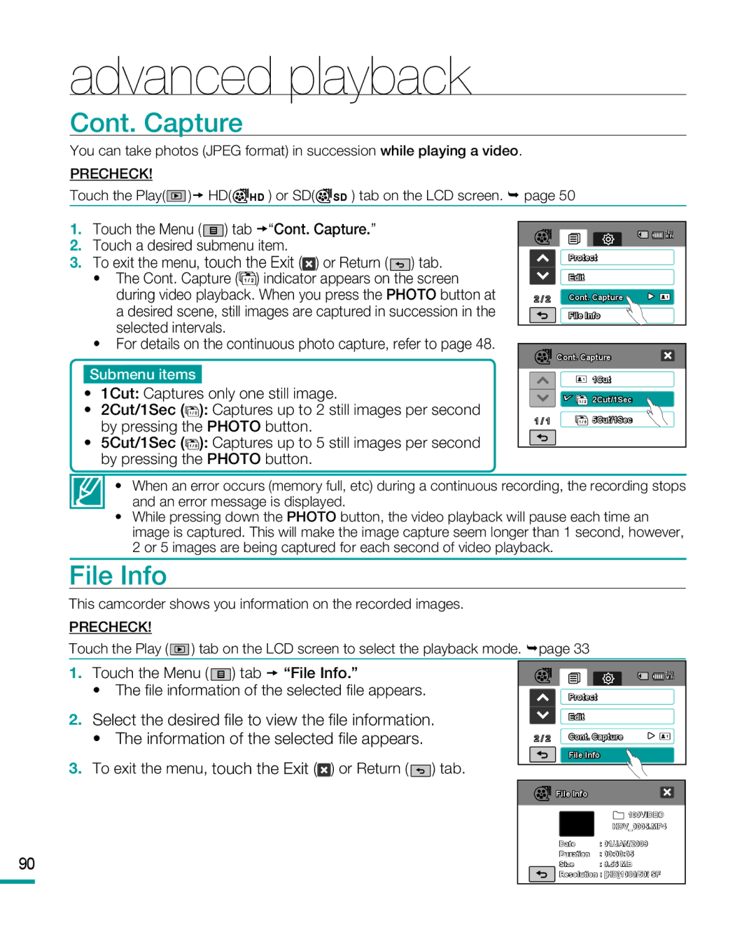 Samsung HMX-R10BP/COL, HMX-R10BP/EDC, HMX-R10SP/EDC, HMX-R10BP/MEA, HMX-R10SP/MEA Advanced playback, Cont. Capture, File Info 